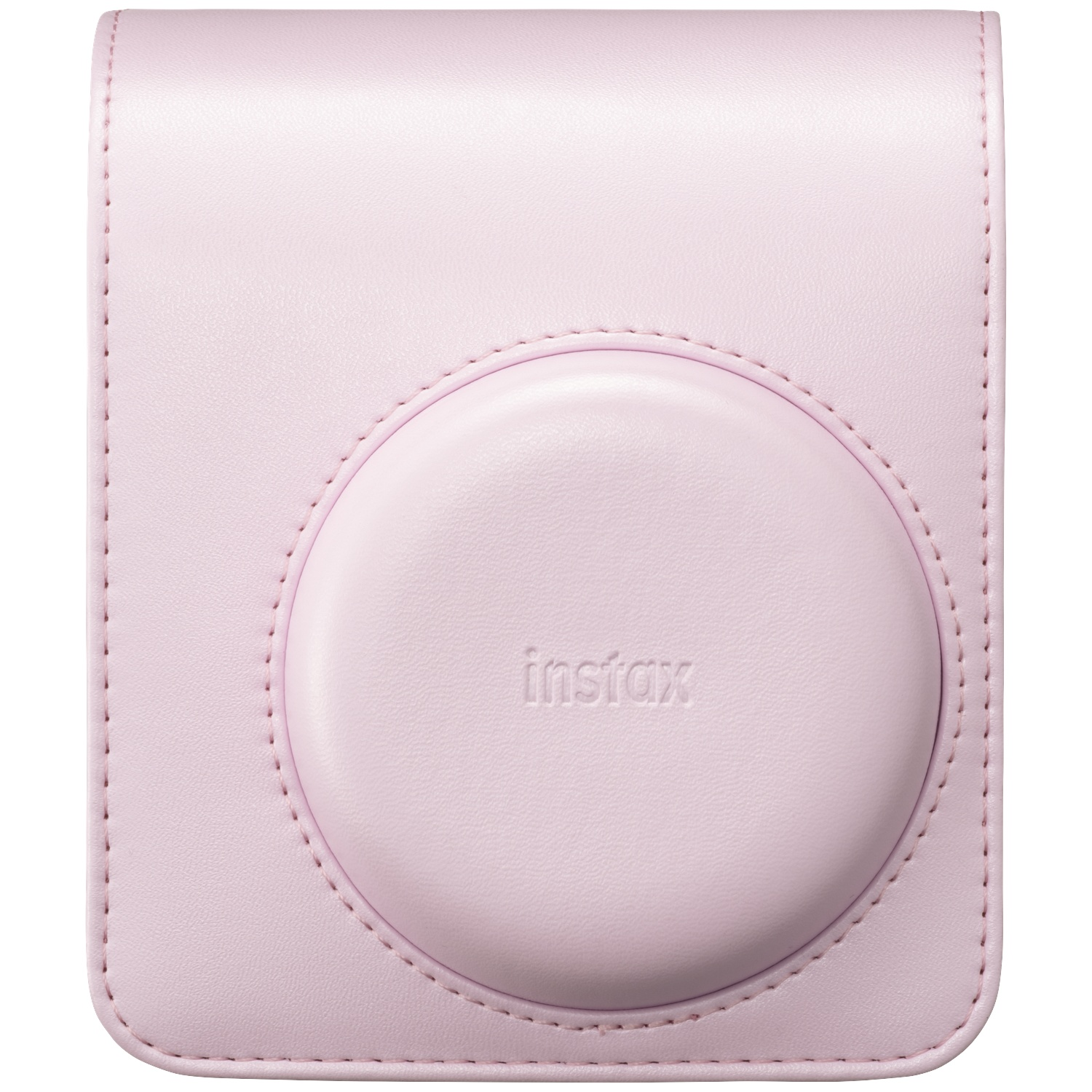 A light pink camera case with 'Instax' embossed on the front.