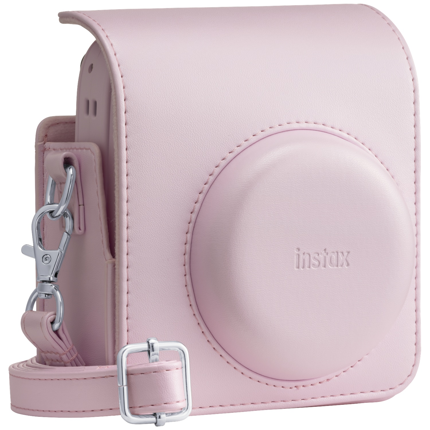 A light pink Instax camera case with a shoulder strap and silver hardware.