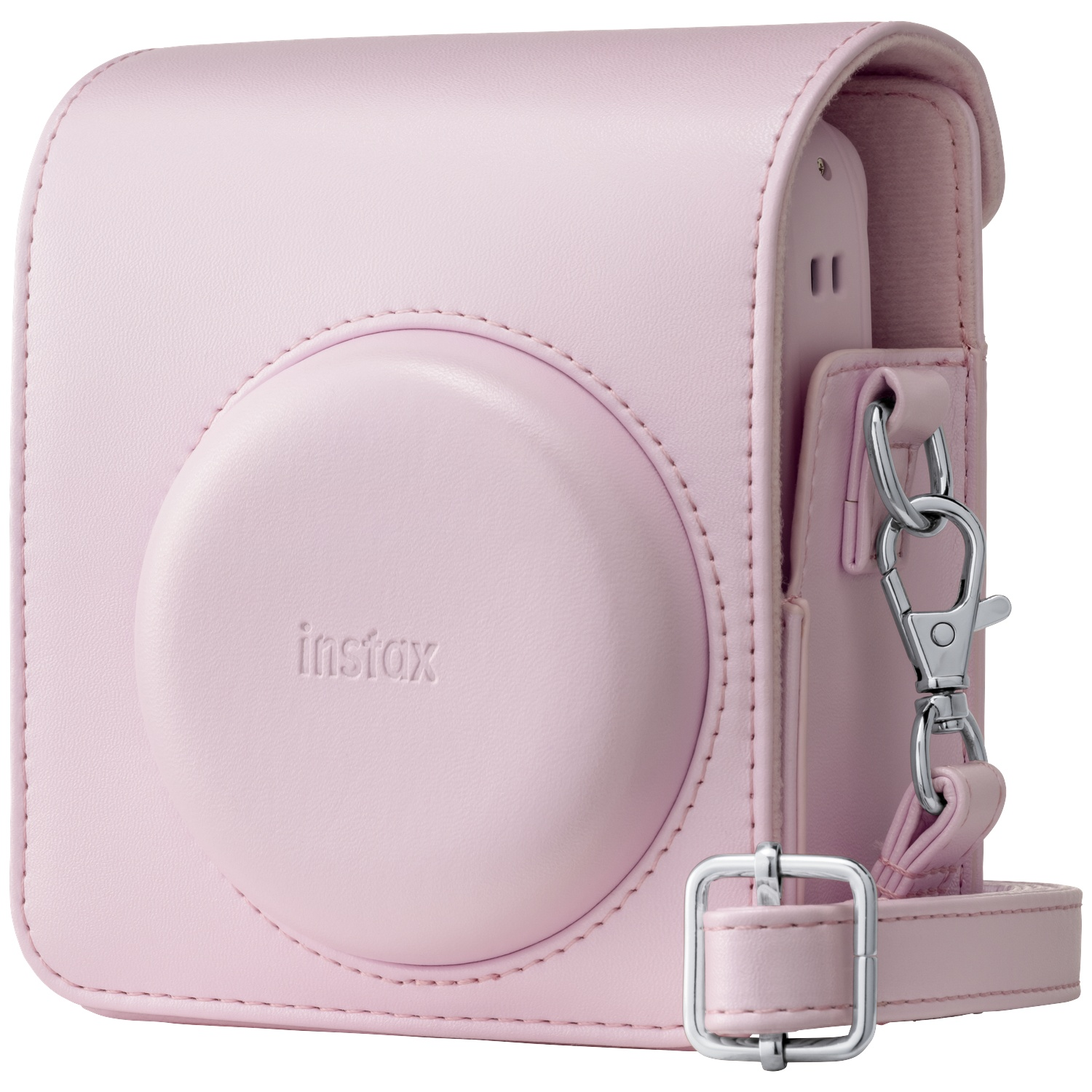 A pink leather Instax camera case with a strap and silver buckle.