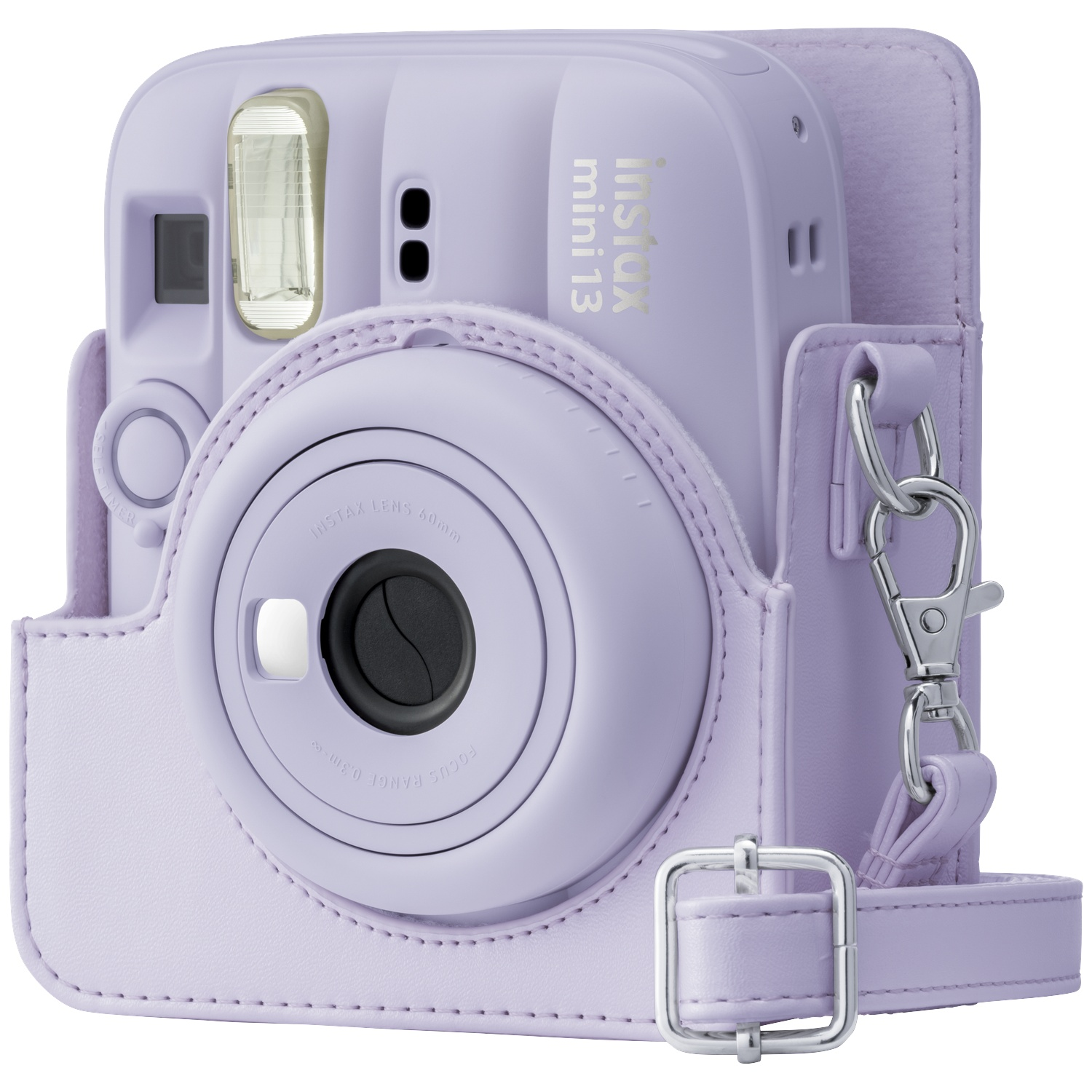 A lilac Instax Mini 13 camera in a matching lilac case with a silver clasp.