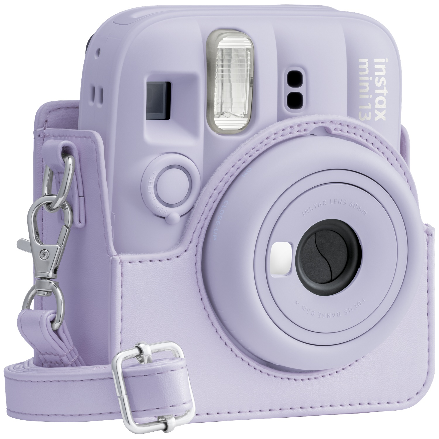 A lavender Instax Mini 13 instant camera with a matching case and strap.