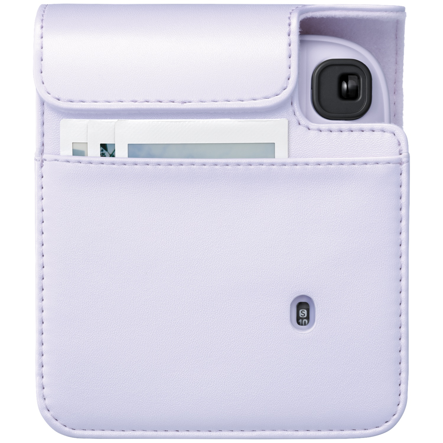 A lavender camera case with a flap showing part of the camera and photos.