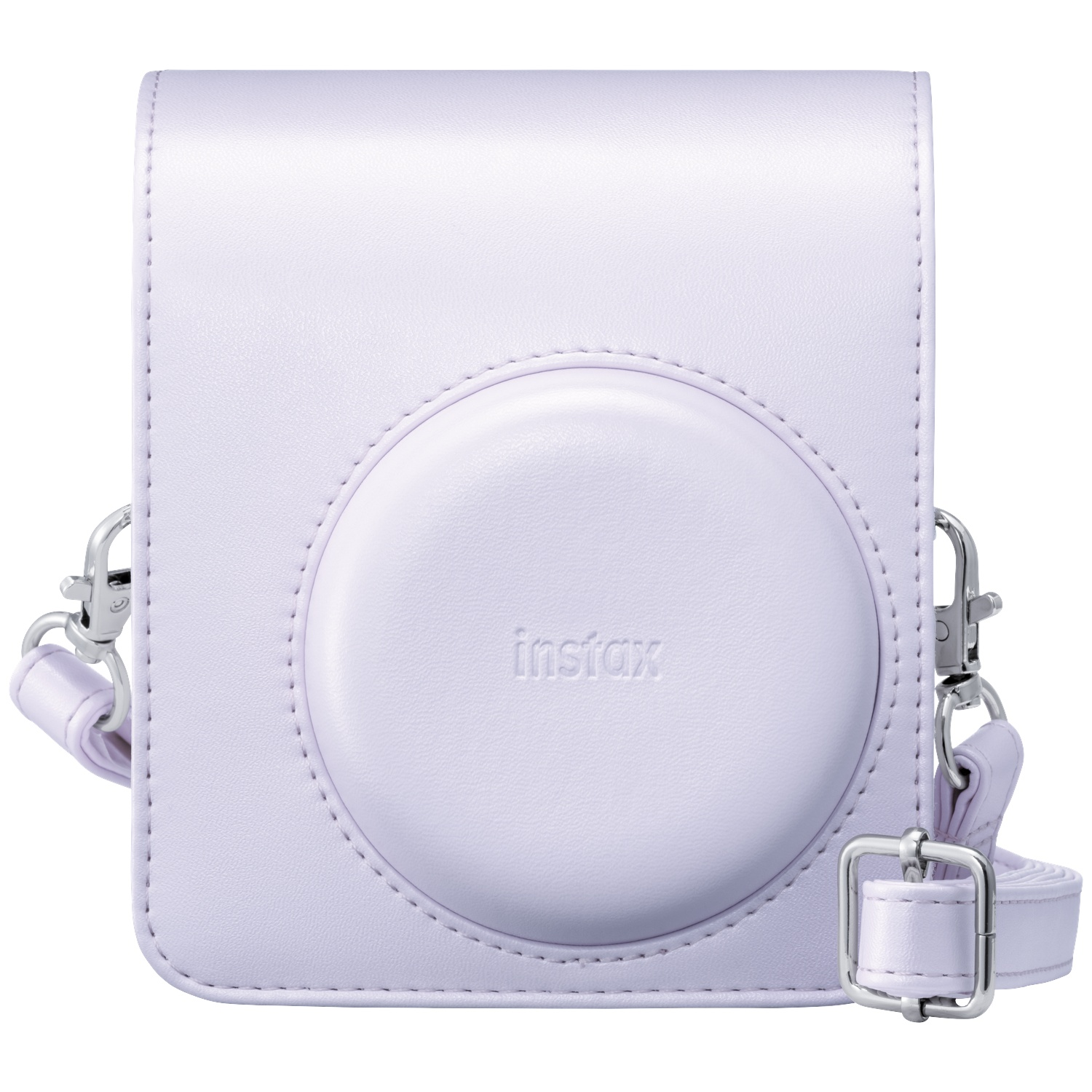 A light purple Instax camera case with a strap and silver hardware. The word 'instax' is embossed.