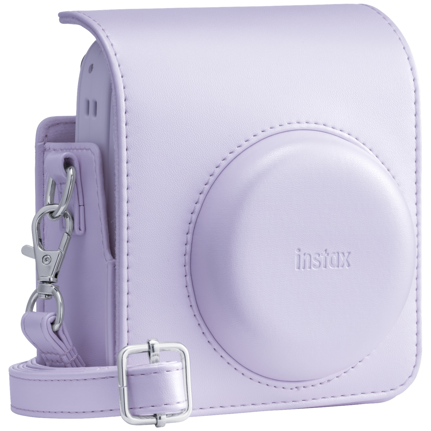 A lavender leather camera case with embossed 'instax' logo and silver hardware.