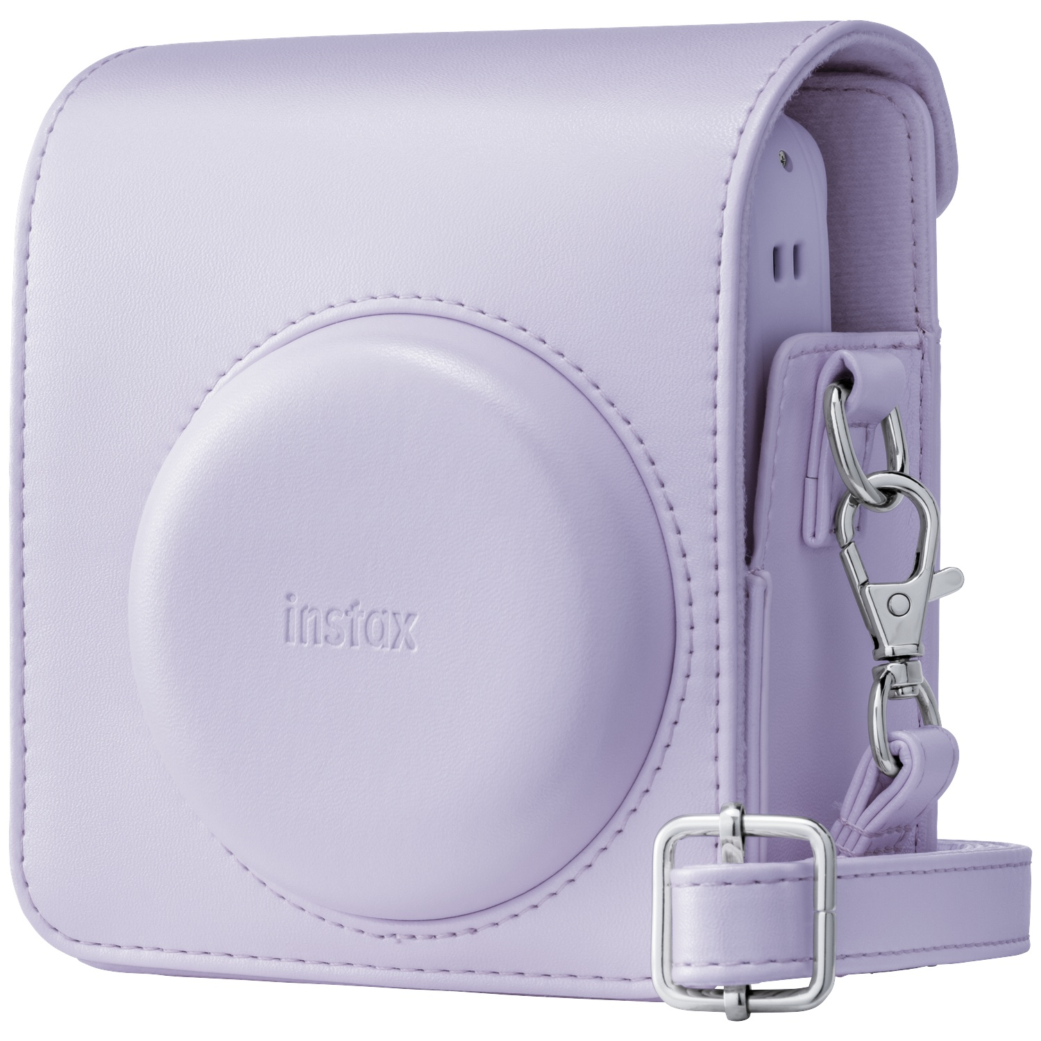 A lavender Instax camera case with a circular embossed logo.