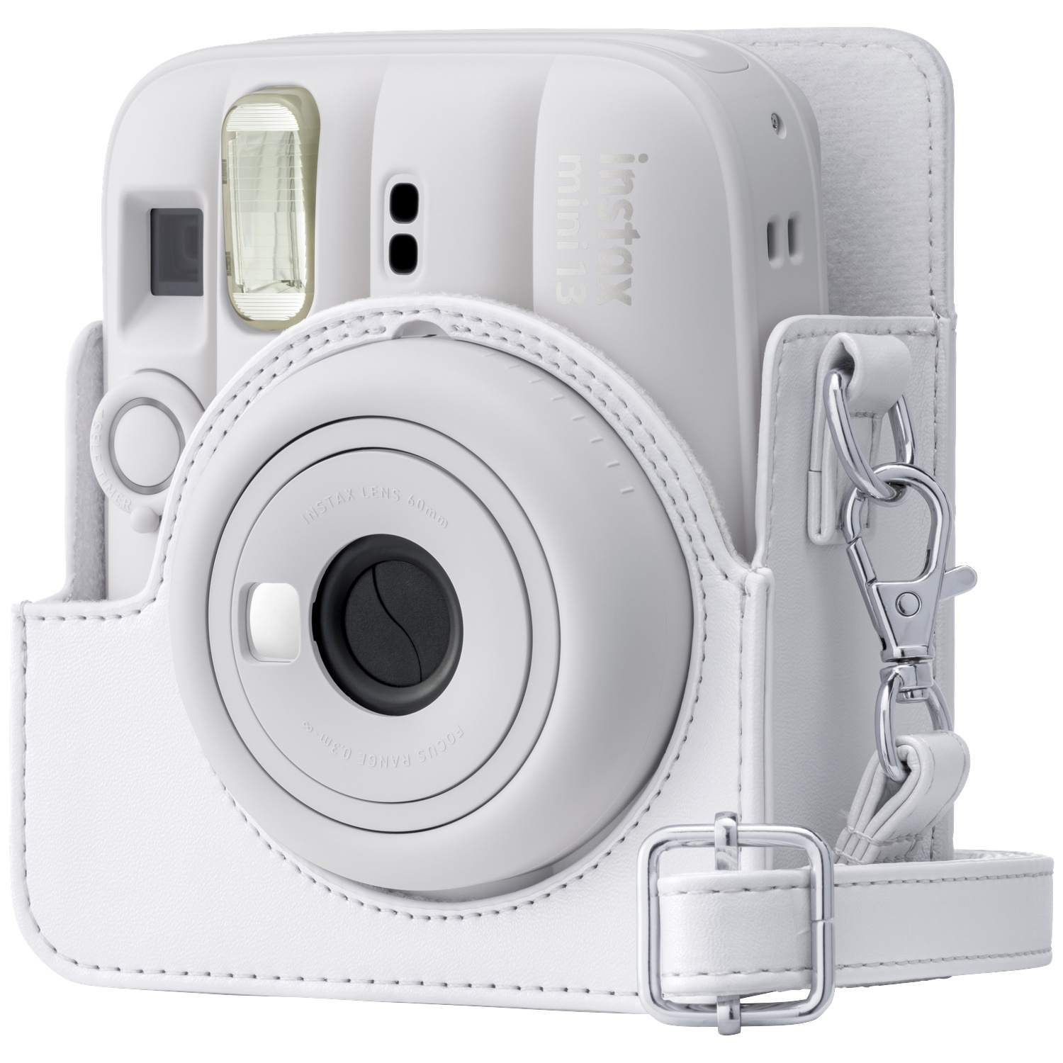 A white instant camera in a white leather case with a shoulder strap.