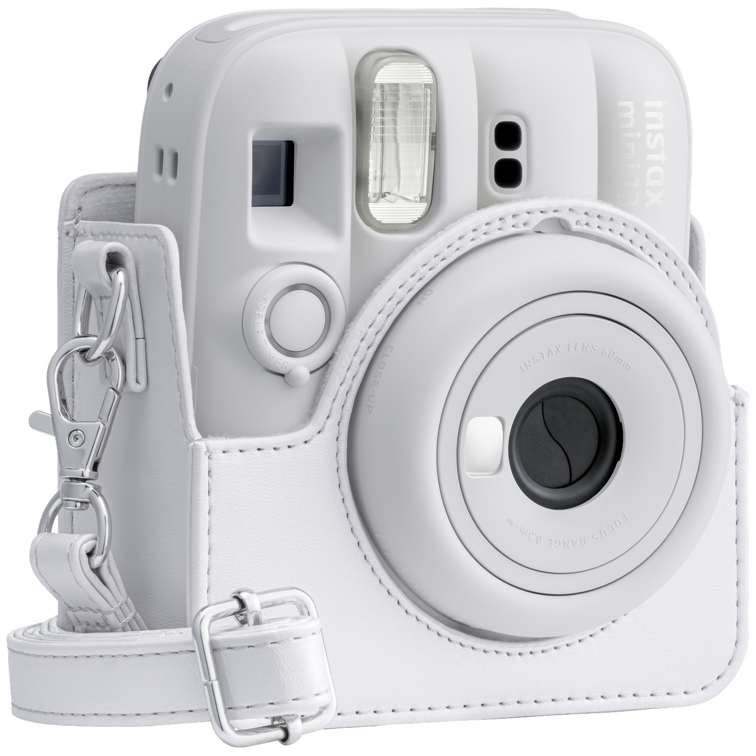 A white Instax Mini 12 camera in a white leather case with a strap.