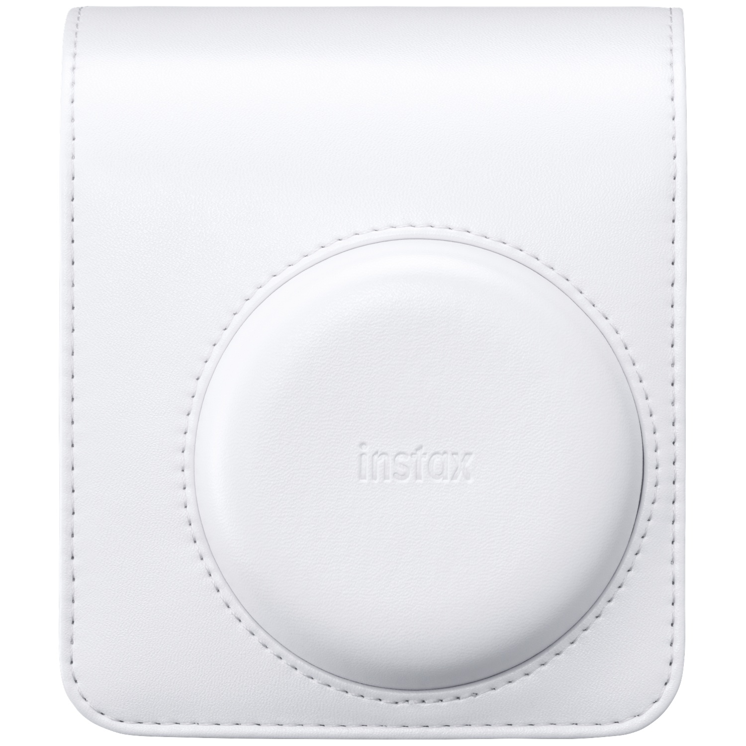 White leather case for an instant camera with embossed Instax logo.