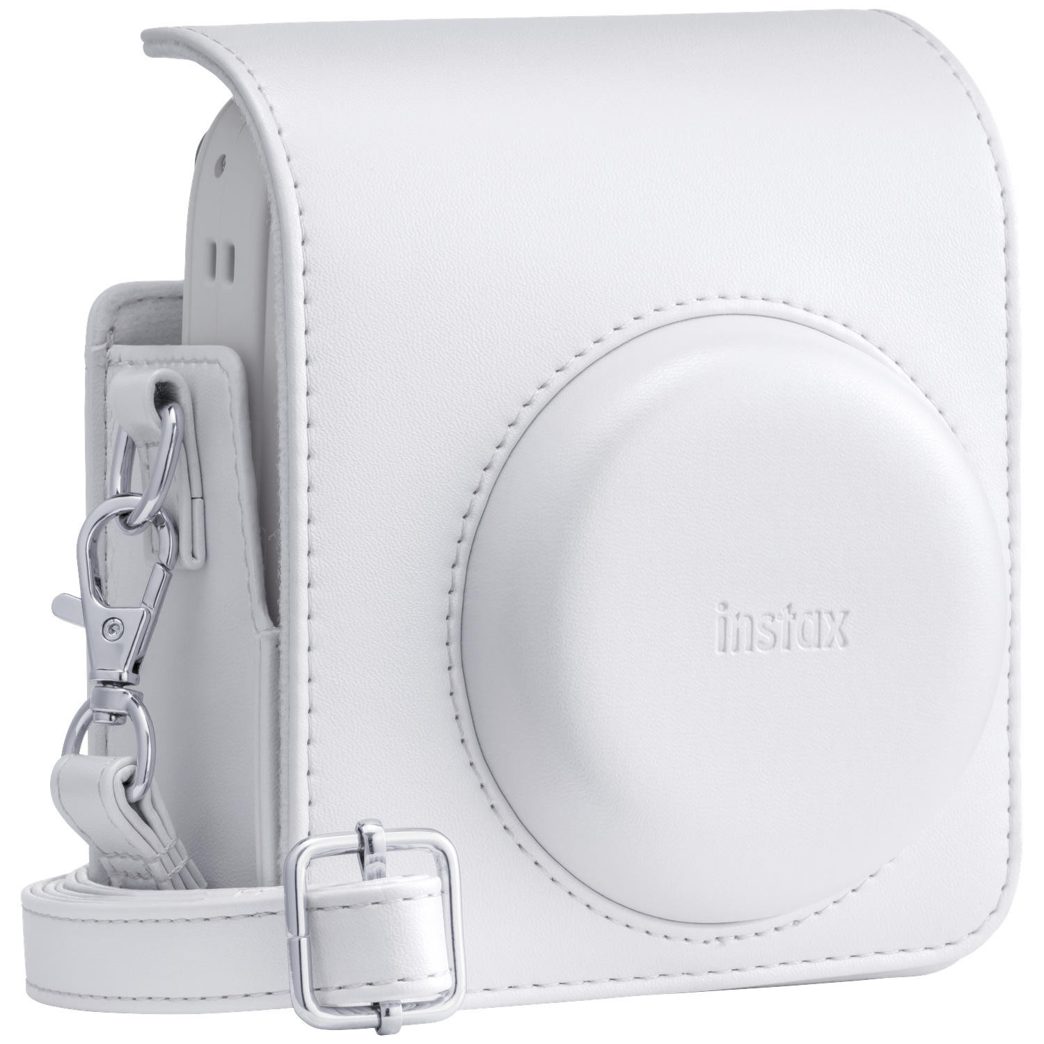 White leather camera case with shoulder strap, Instax logo.
