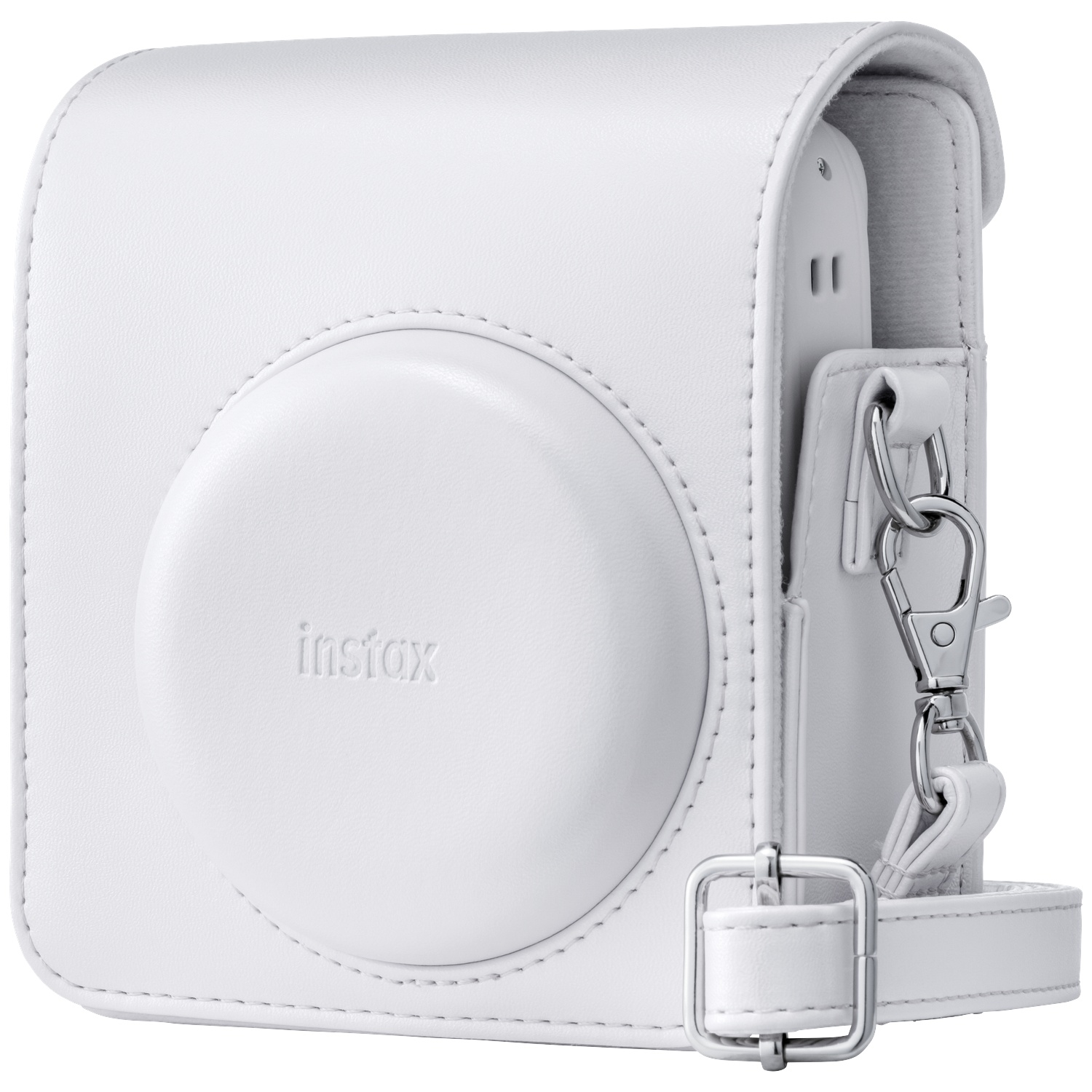 White leather camera case with Instax logo and shoulder strap.