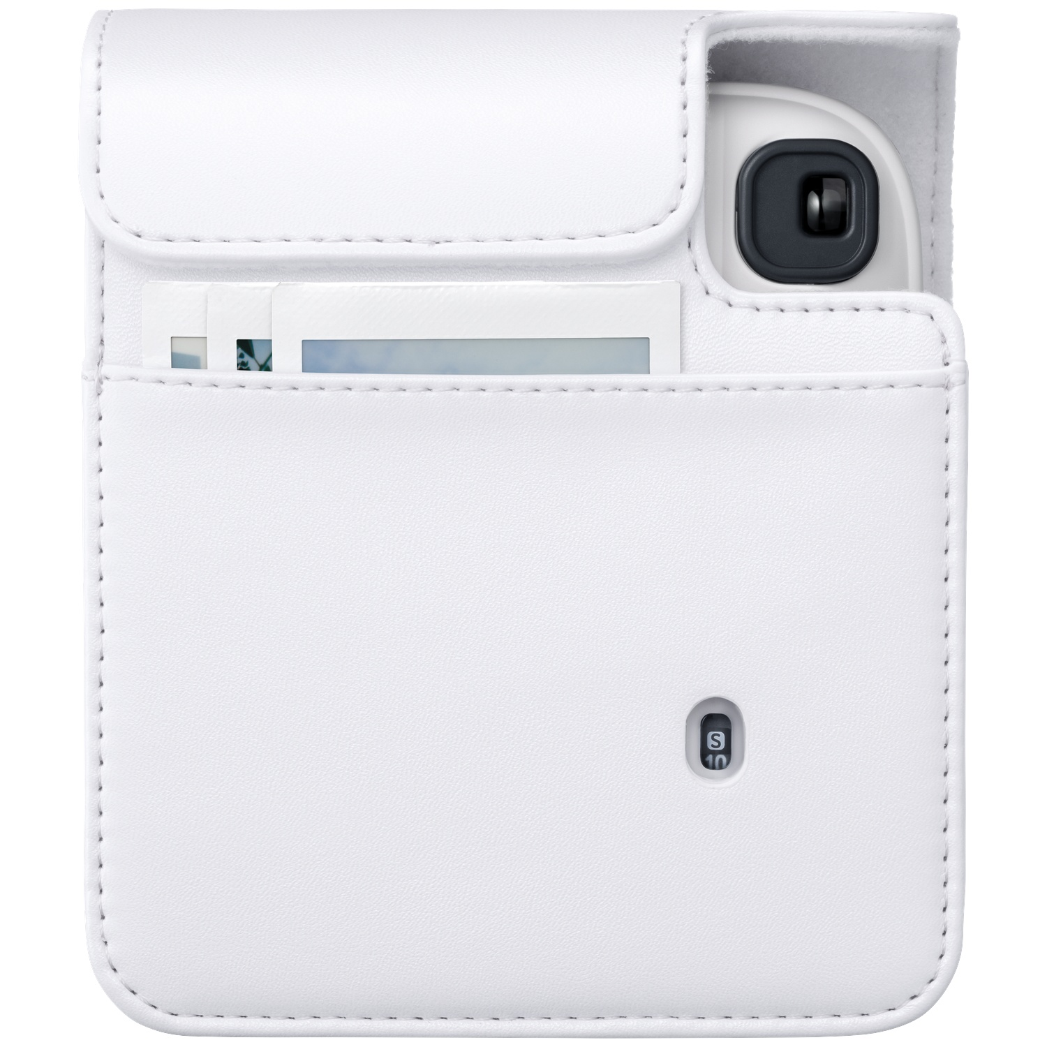 White camera case with viewing window for lens and photo slot.