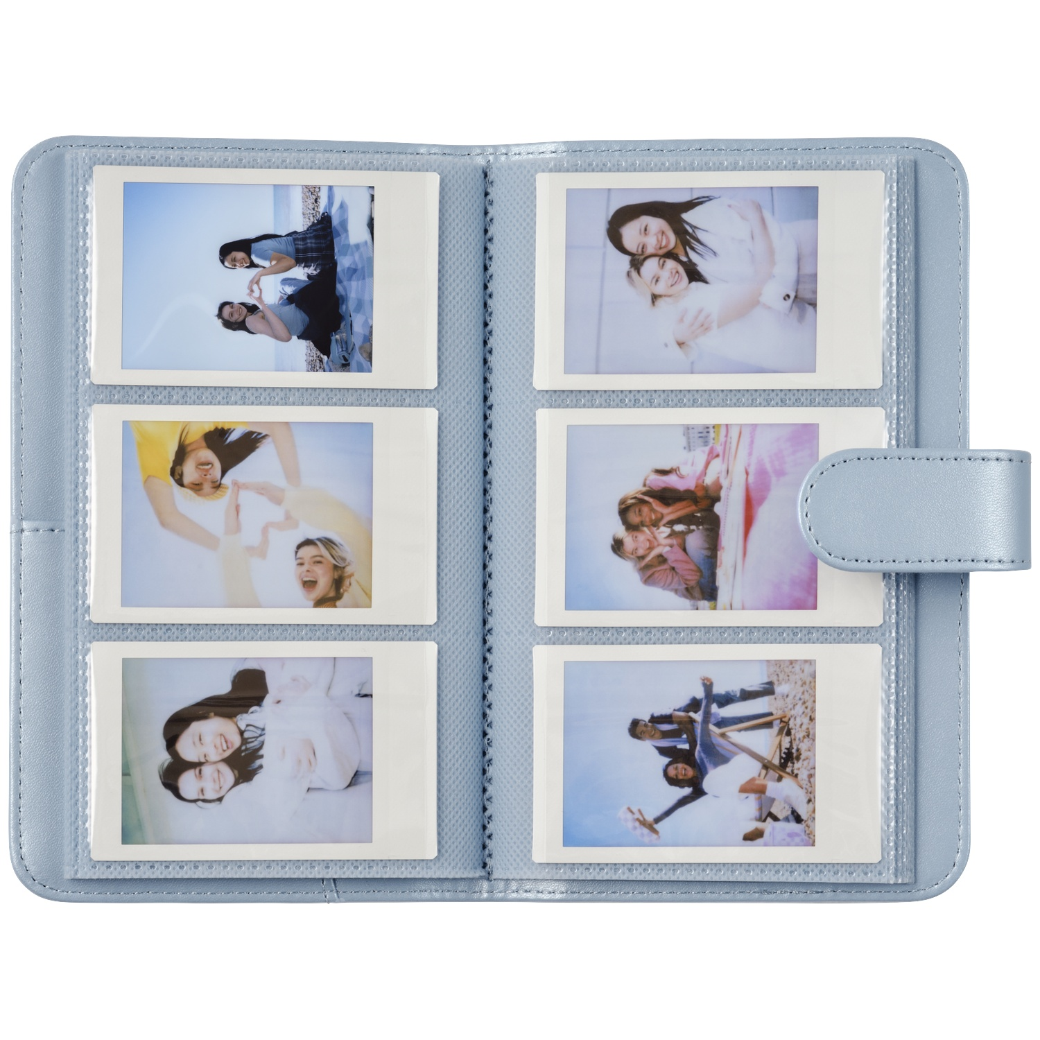 A light blue photo album holding six instant photos of young people.