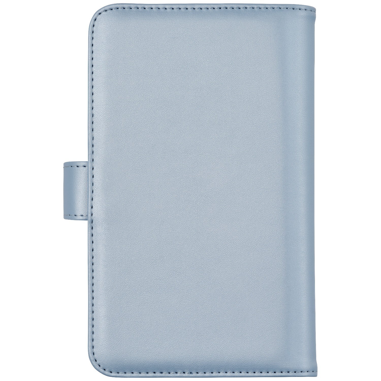 Light blue leather case with stitching and a strap closure.
