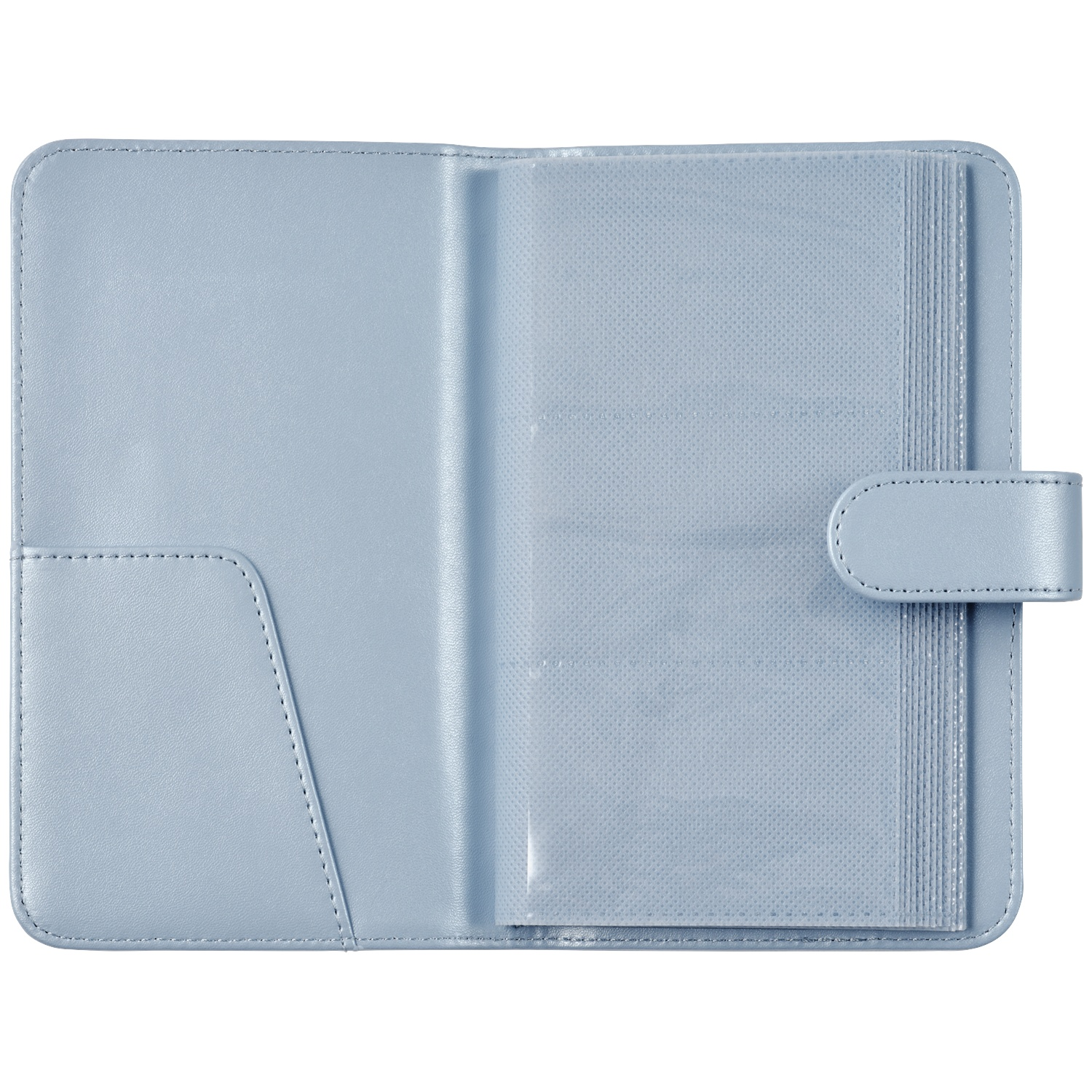 A light blue folder with slots and a snap closure.