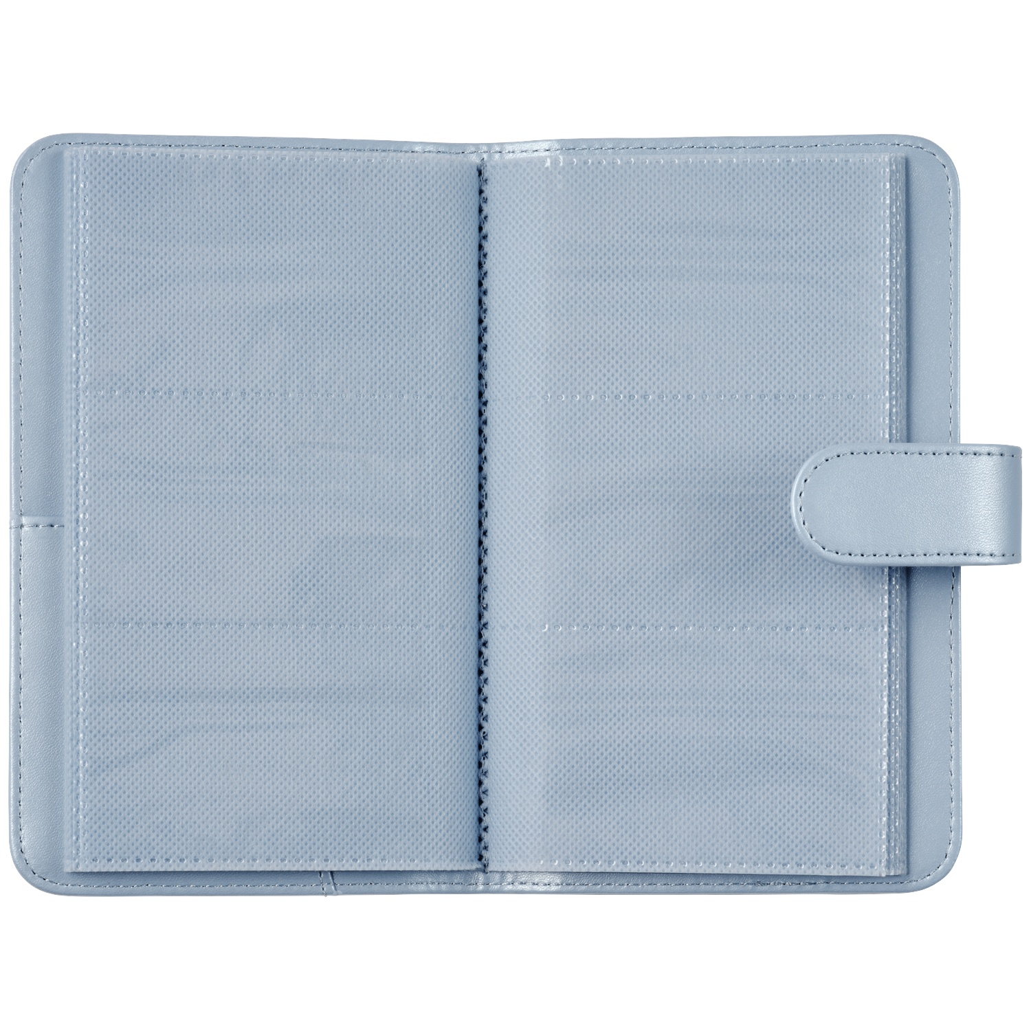 A light blue binder with clear plastic sleeves for photos or cards.