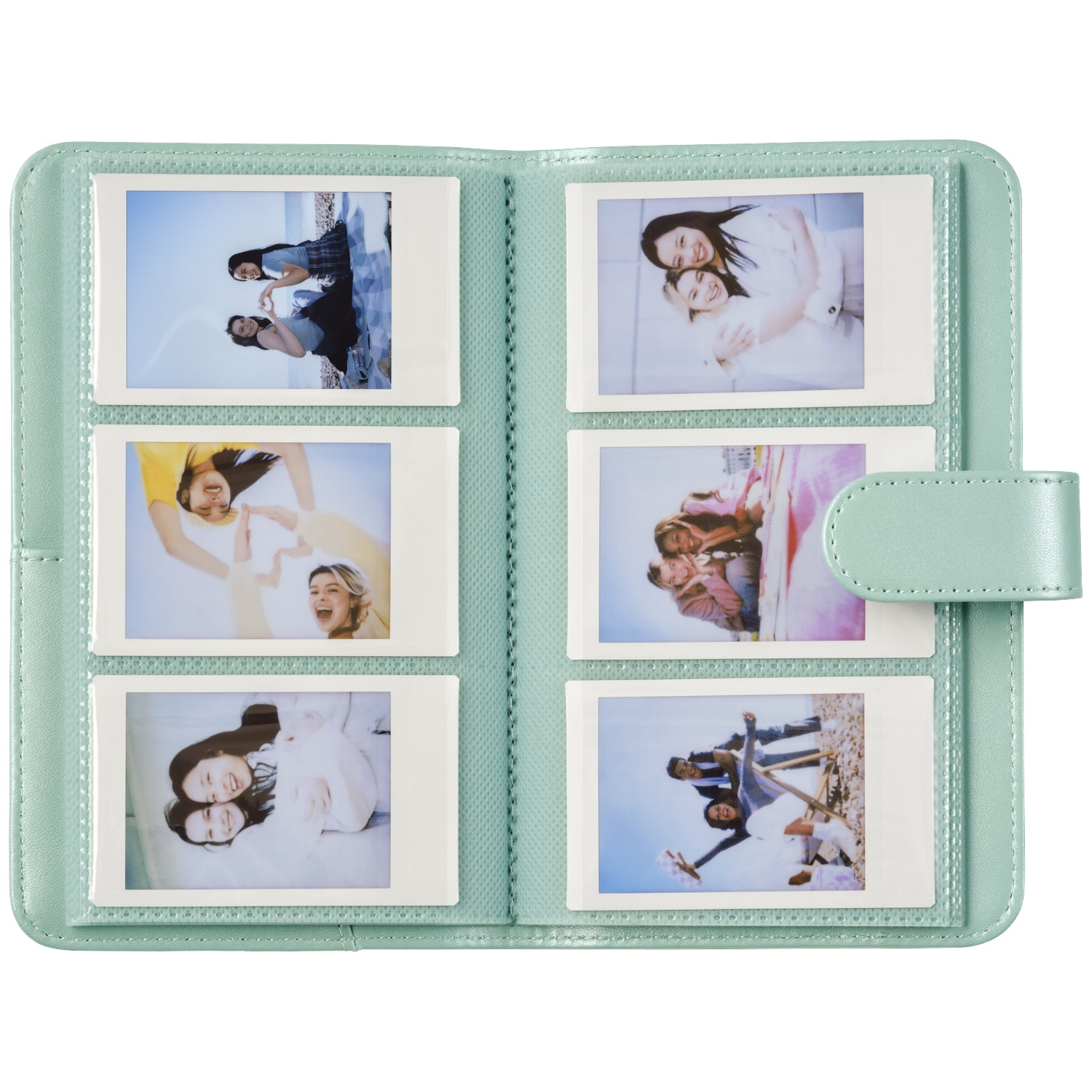 A mint green photo album holds six square photos of smiling young people.