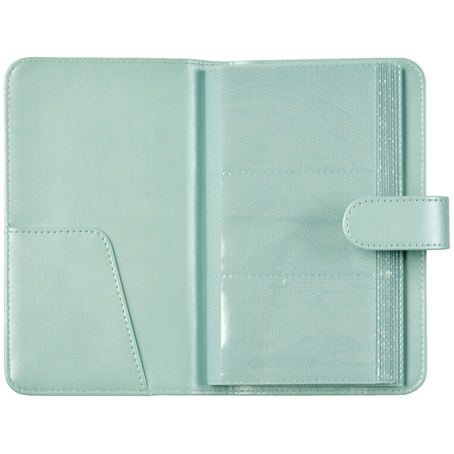 A light green binder with slots for photos or cards and a closure tab.