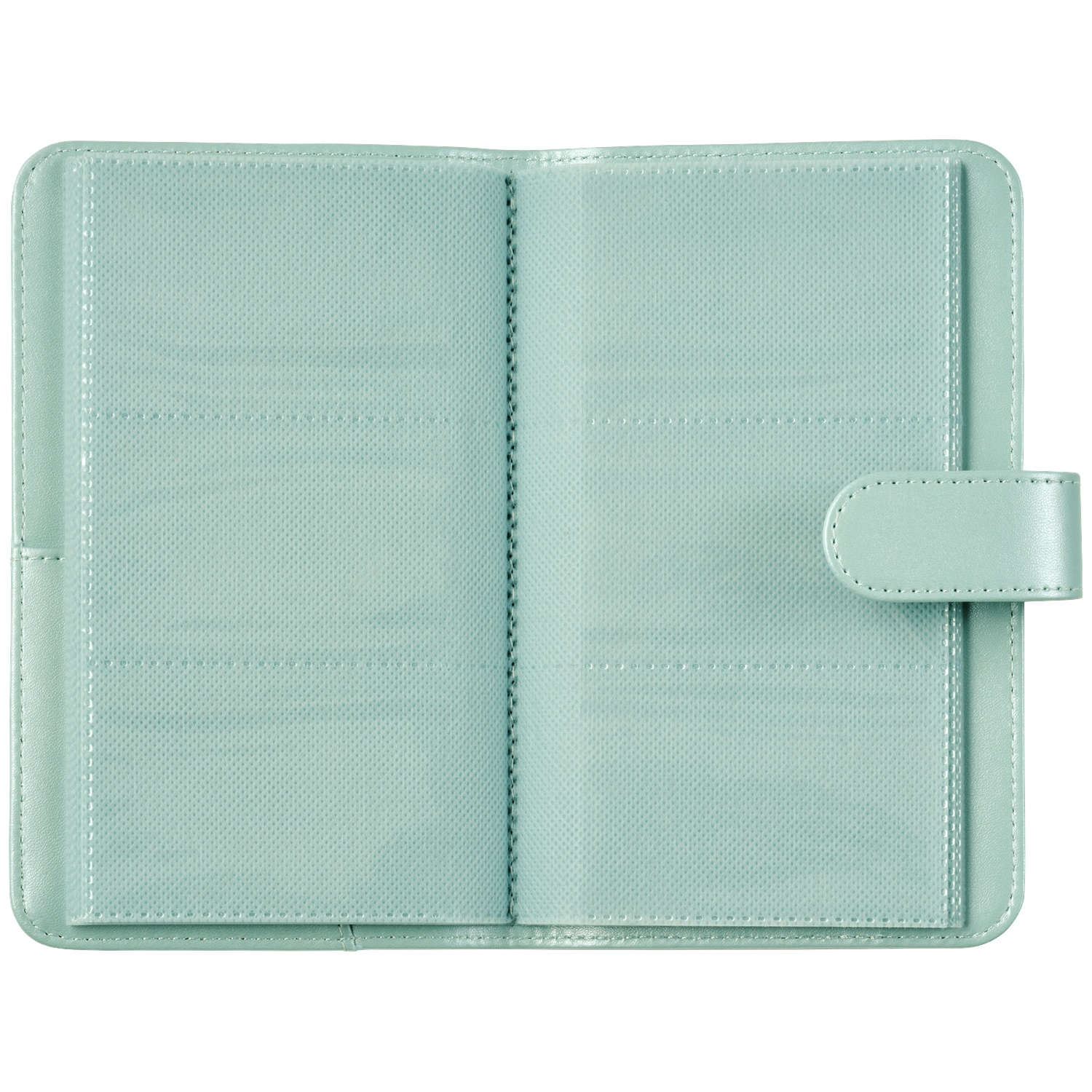 An open light green album with clear plastic sleeves for photos or cards.