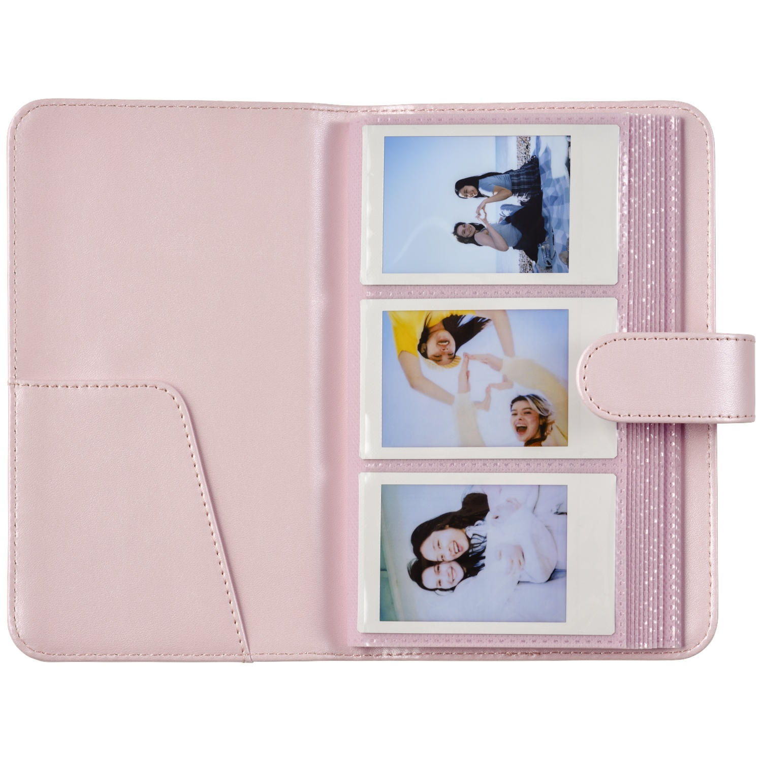 A pink photo album with three pictures of smiling women. Closure tab.