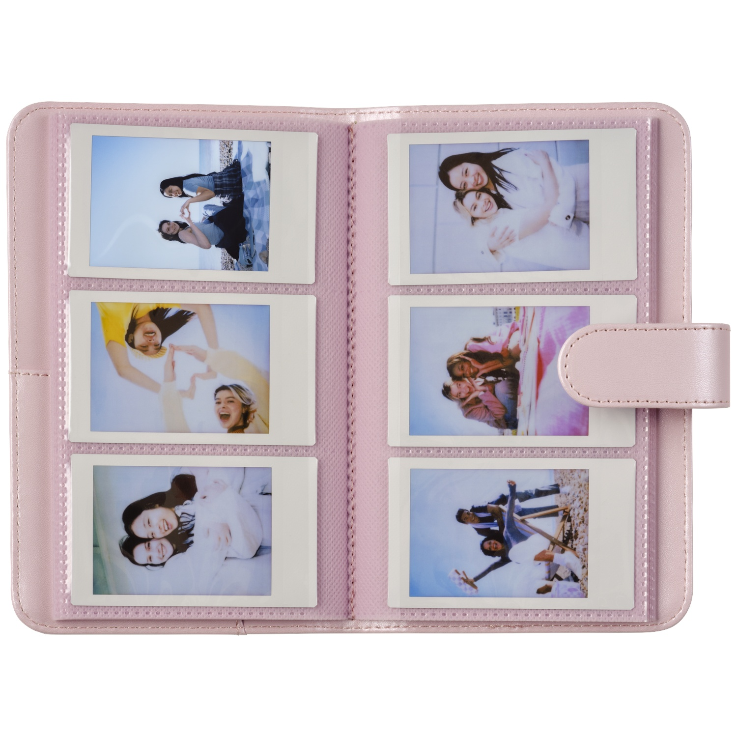 A pink photo album with six instax photos of young people having fun.