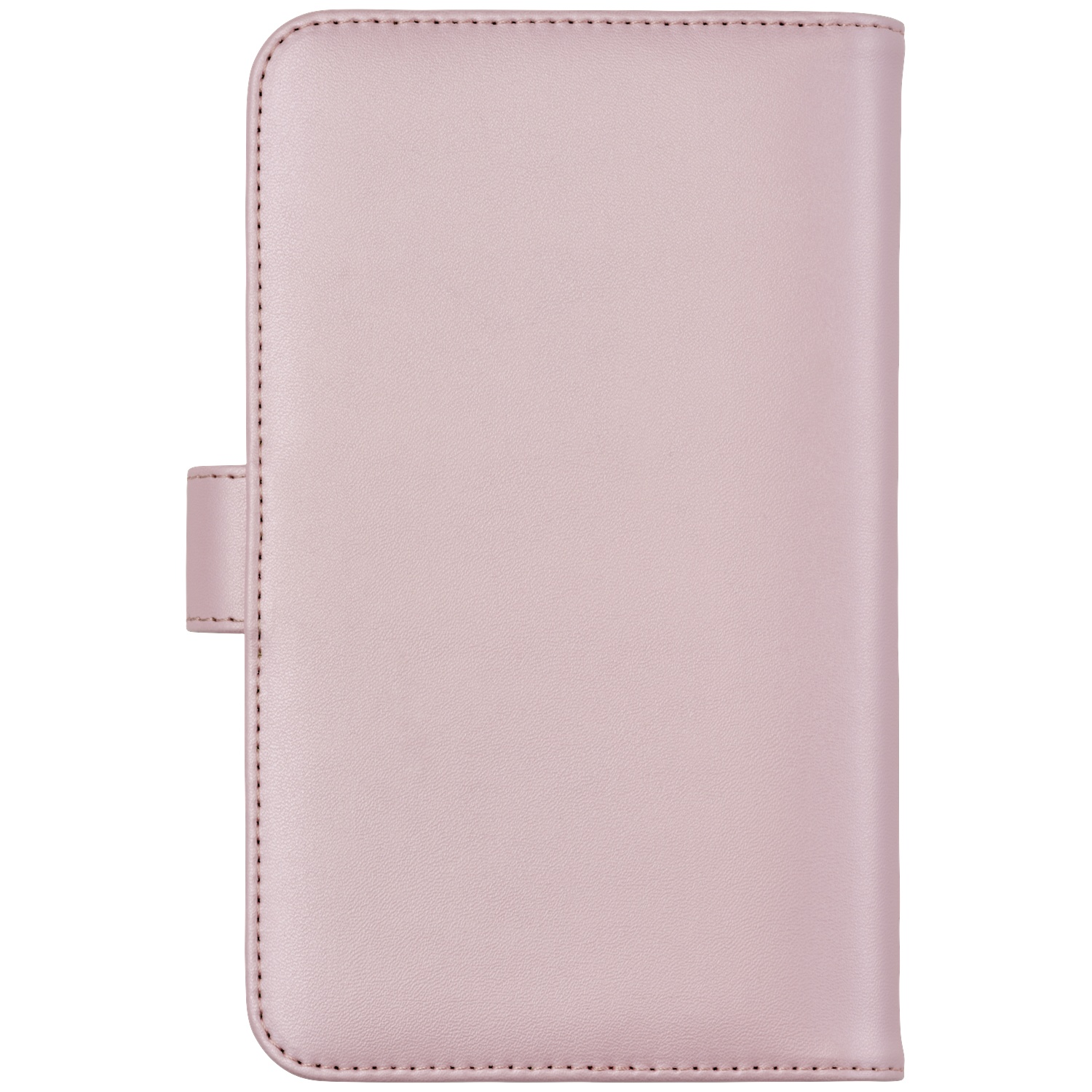 A dusty pink leather case with stitching and a strap.