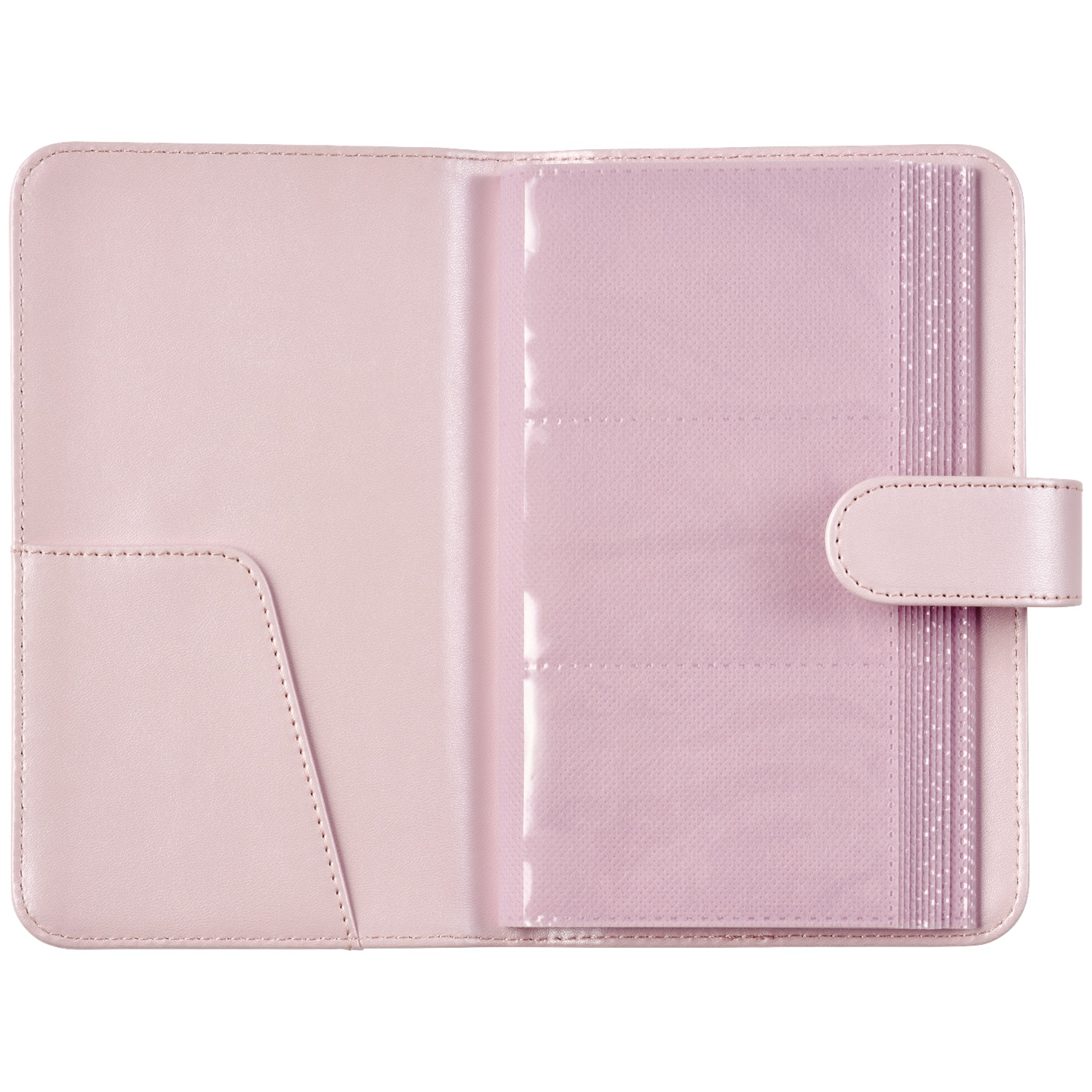 An open, light pink case with slots for photos or cards.