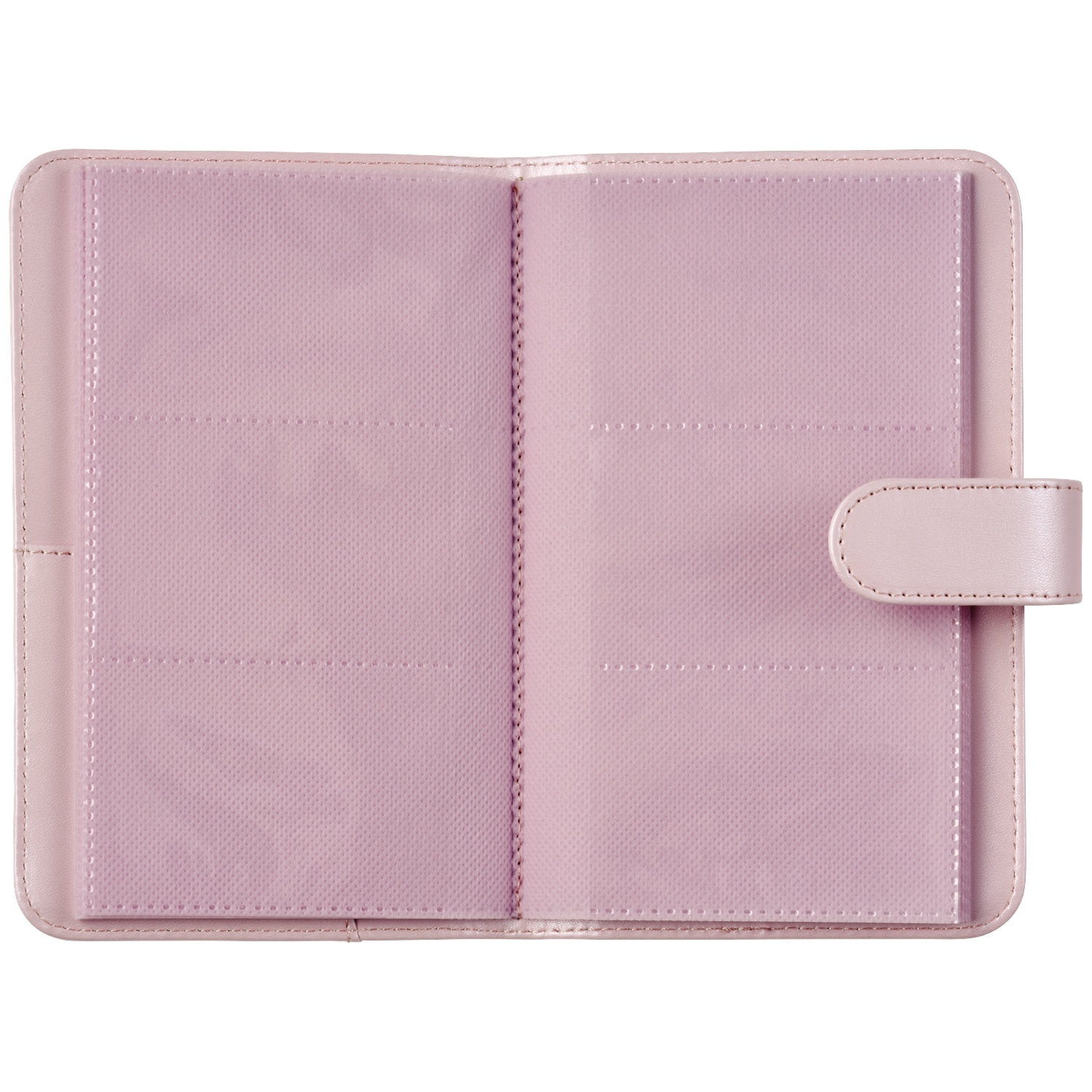 A light pink photo album, open with empty sleeves for photos.