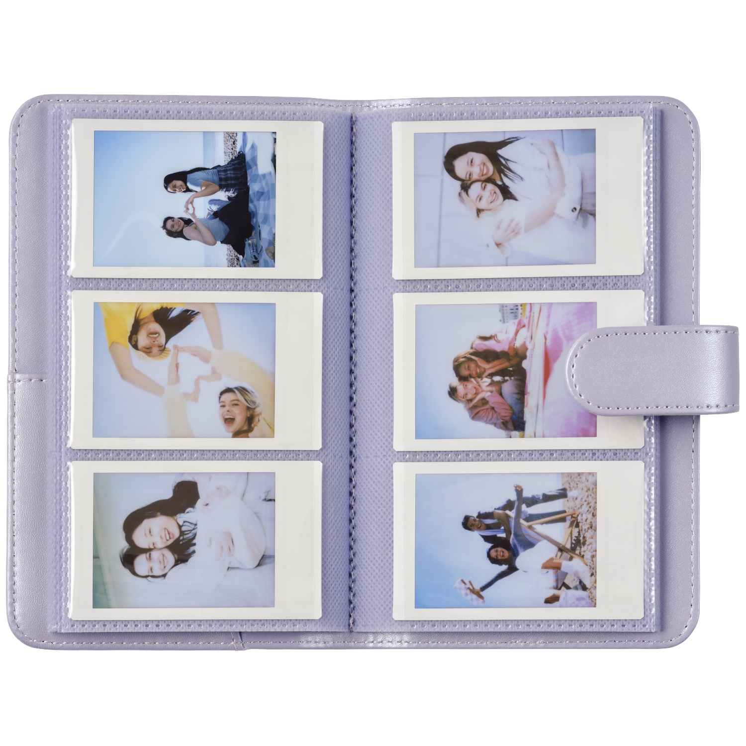 A lavender photo album holding 6 instant photos of young women having fun.