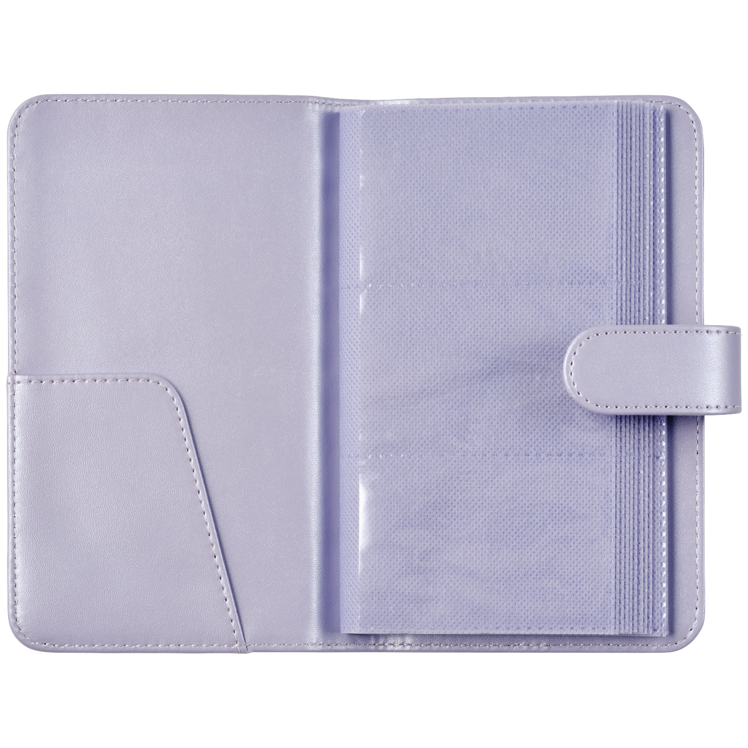 A light purple photo album is open, showing pockets and a strap closure.
