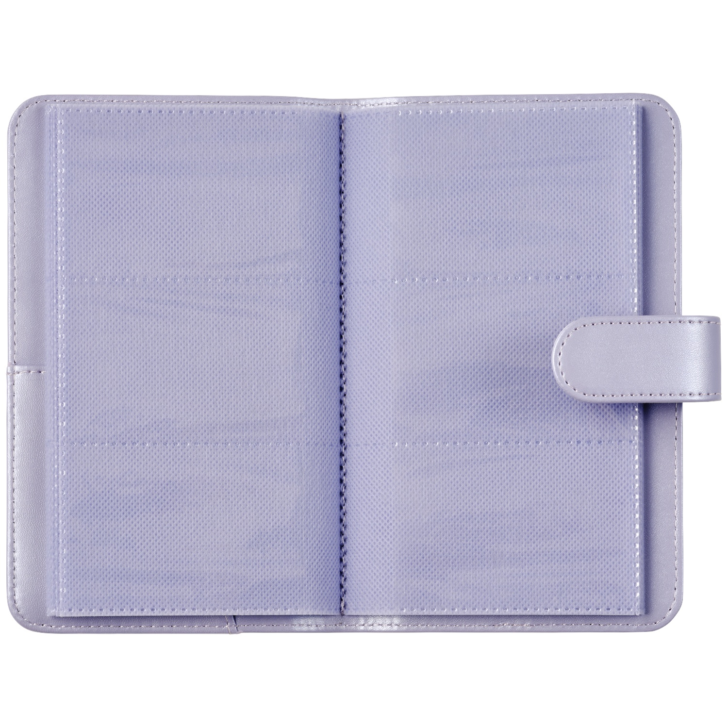 An open, light purple binder with clear plastic sleeves on each page.