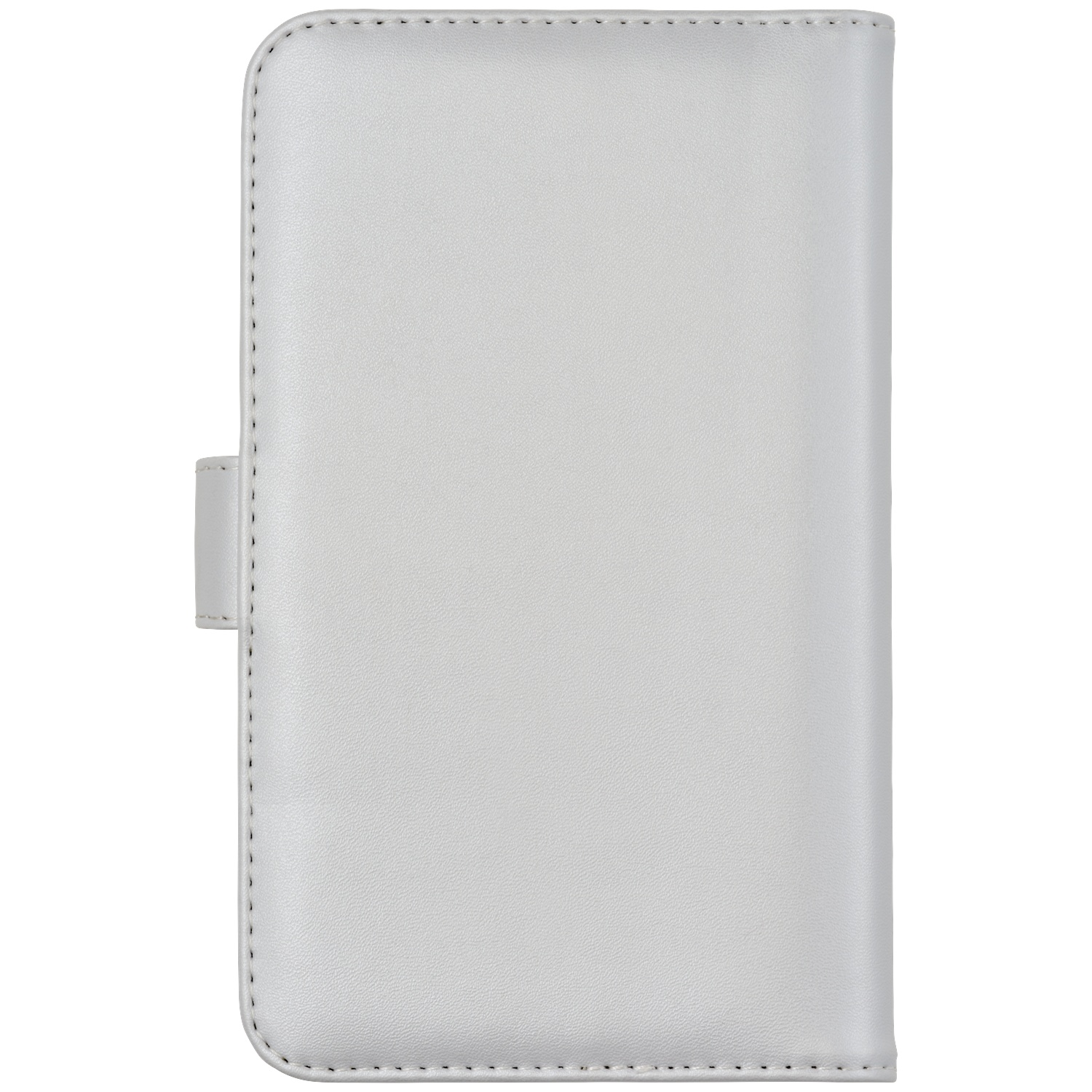 Closed white case with stitching and tab.