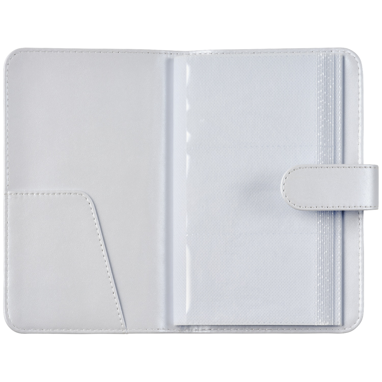 A light gray photo album, open to show pages with slots and a closure.