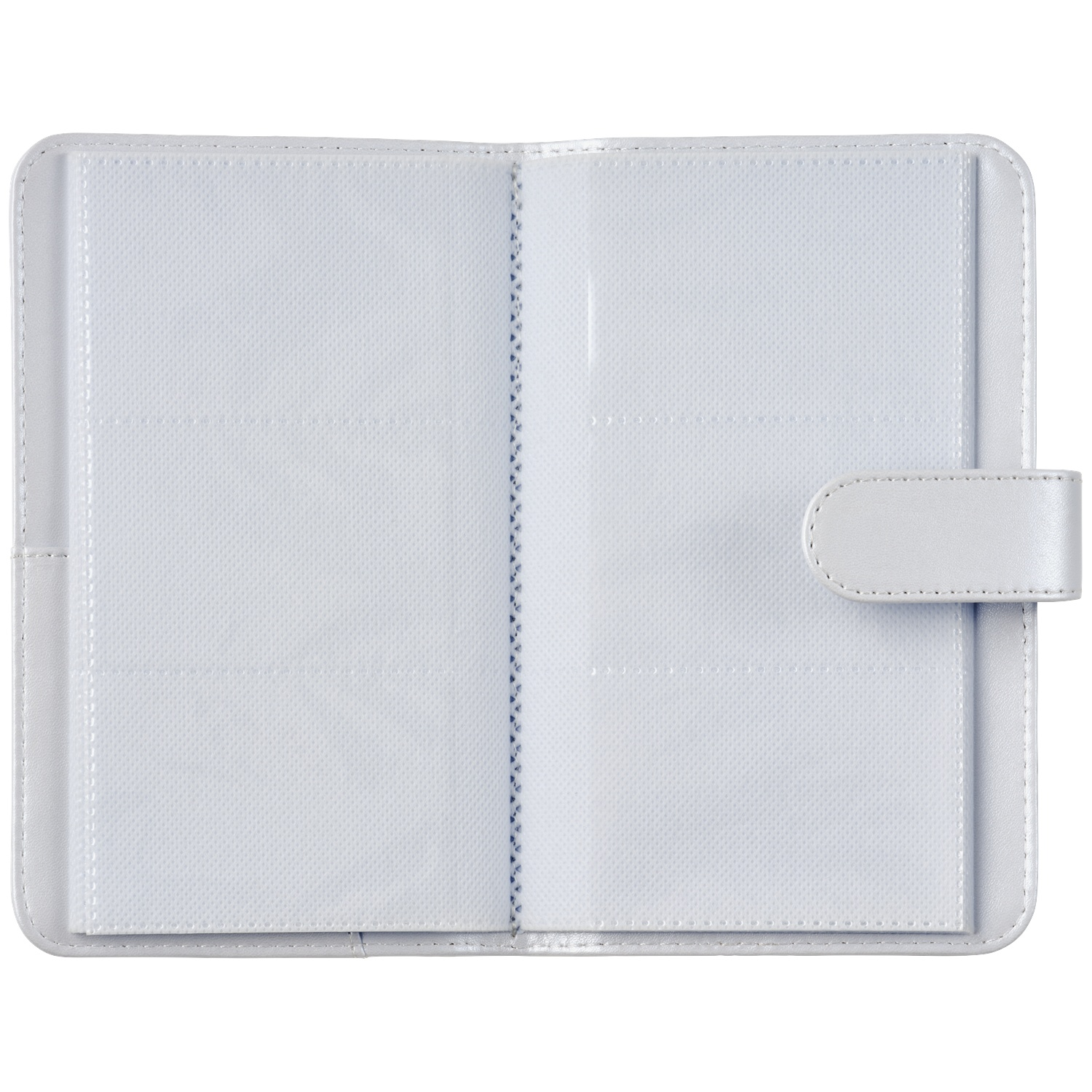 An open, light gray photo album with many pockets for photos.