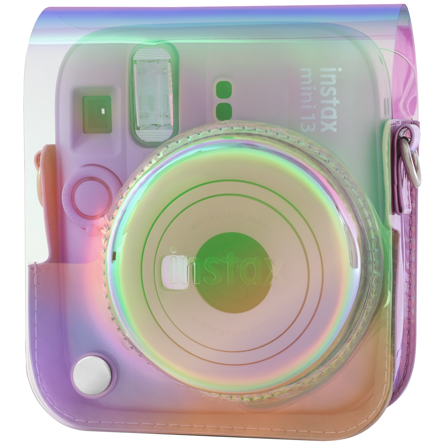 Instax Mini 13 camera in a holographic clear case.