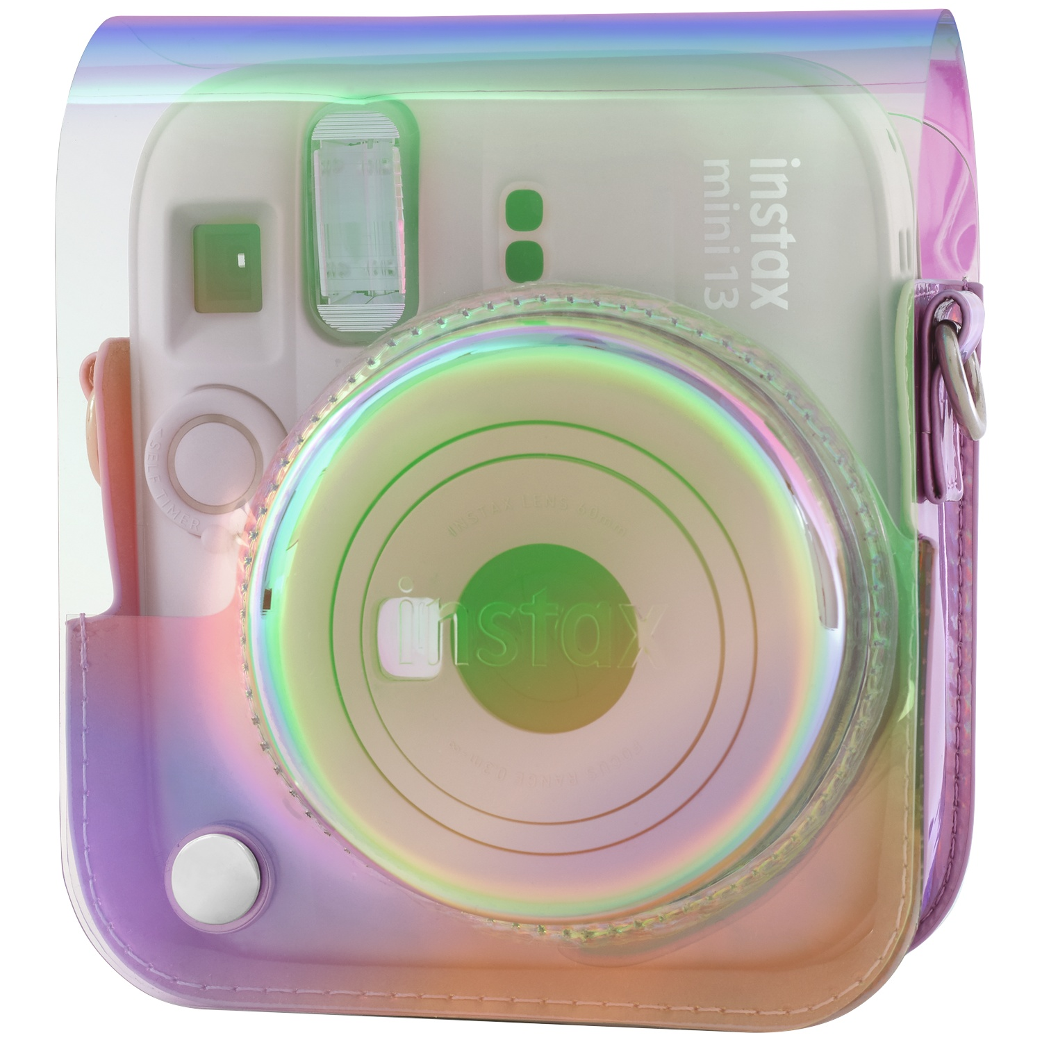 A transparent, iridescent case covers a white Instax Mini 13 camera.