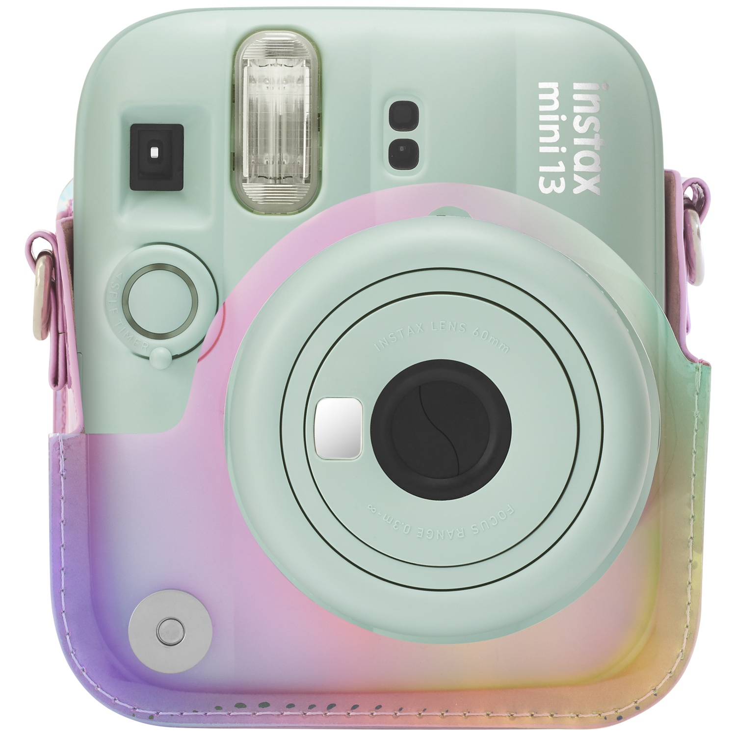 A mint green Instax Mini 13 camera in a colorful, translucent case.