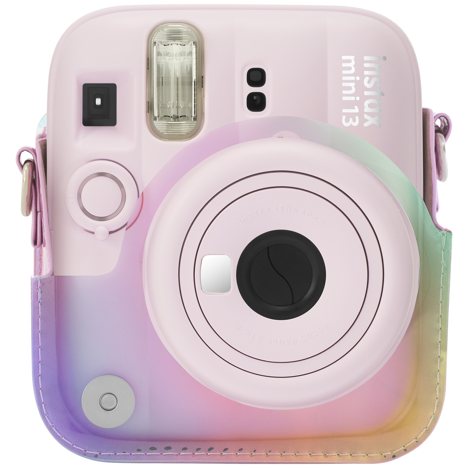 A pink instant camera with a rainbow protective case.