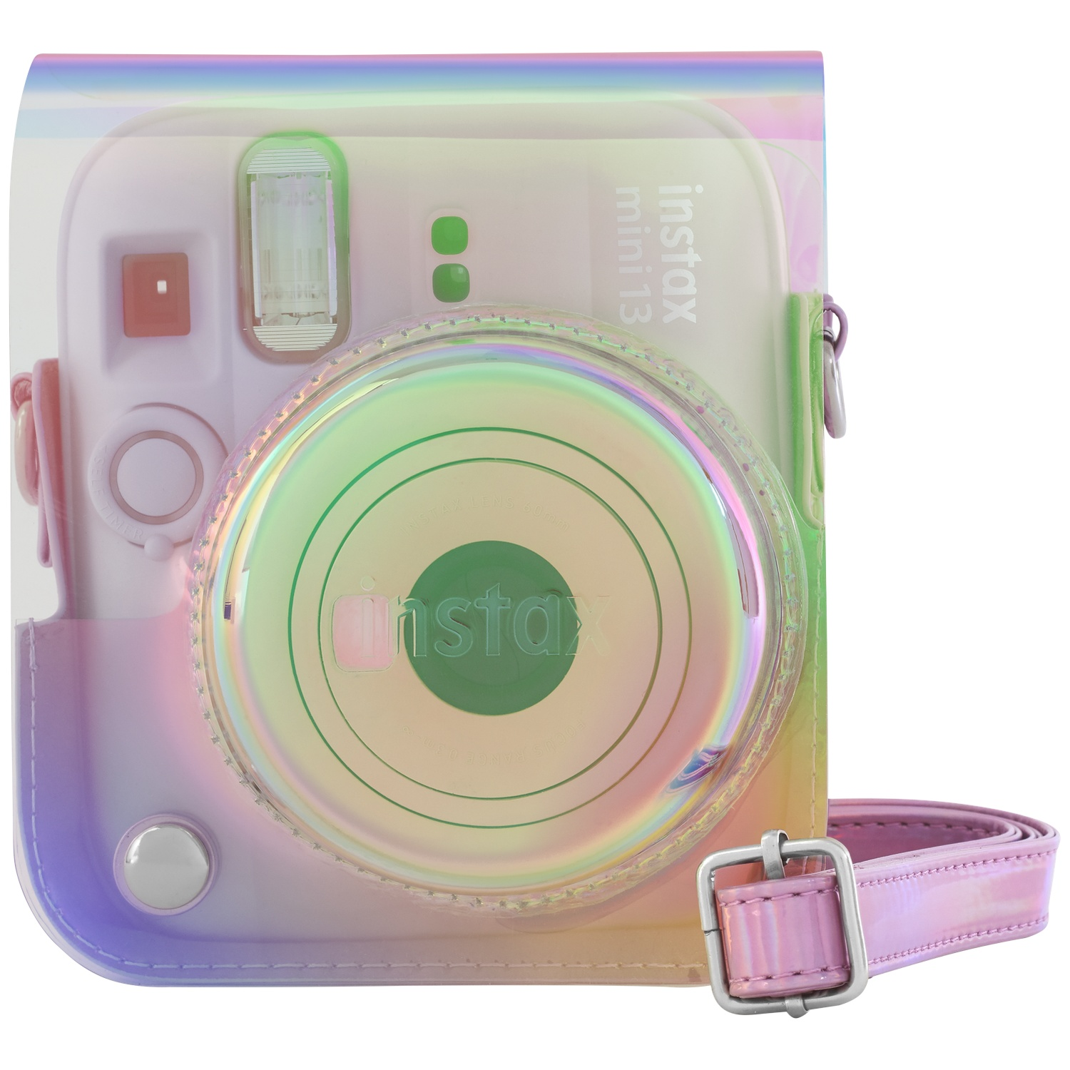 A holographic case for an Instax Mini 13 camera with a pink strap.