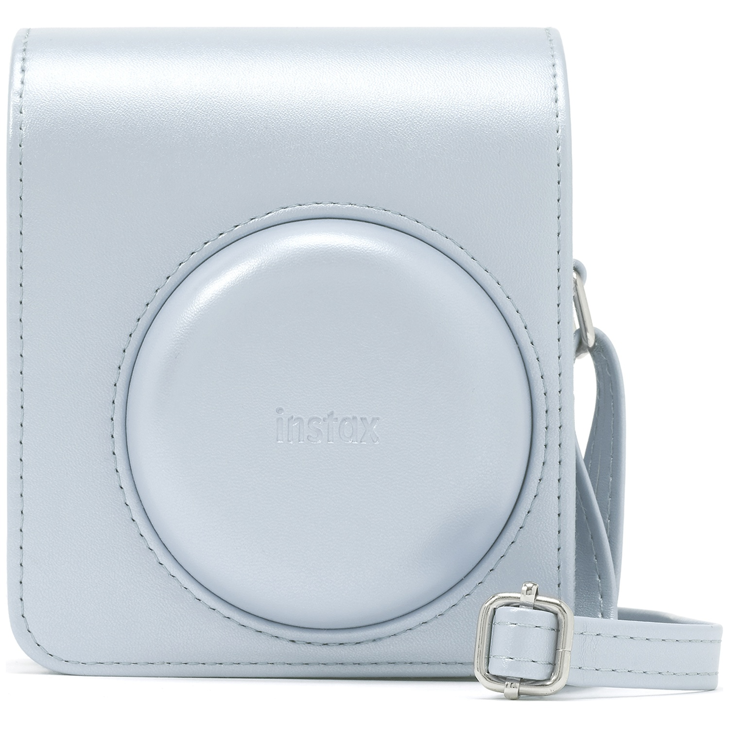 A light blue leather camera case with "instax" embossed on the front.