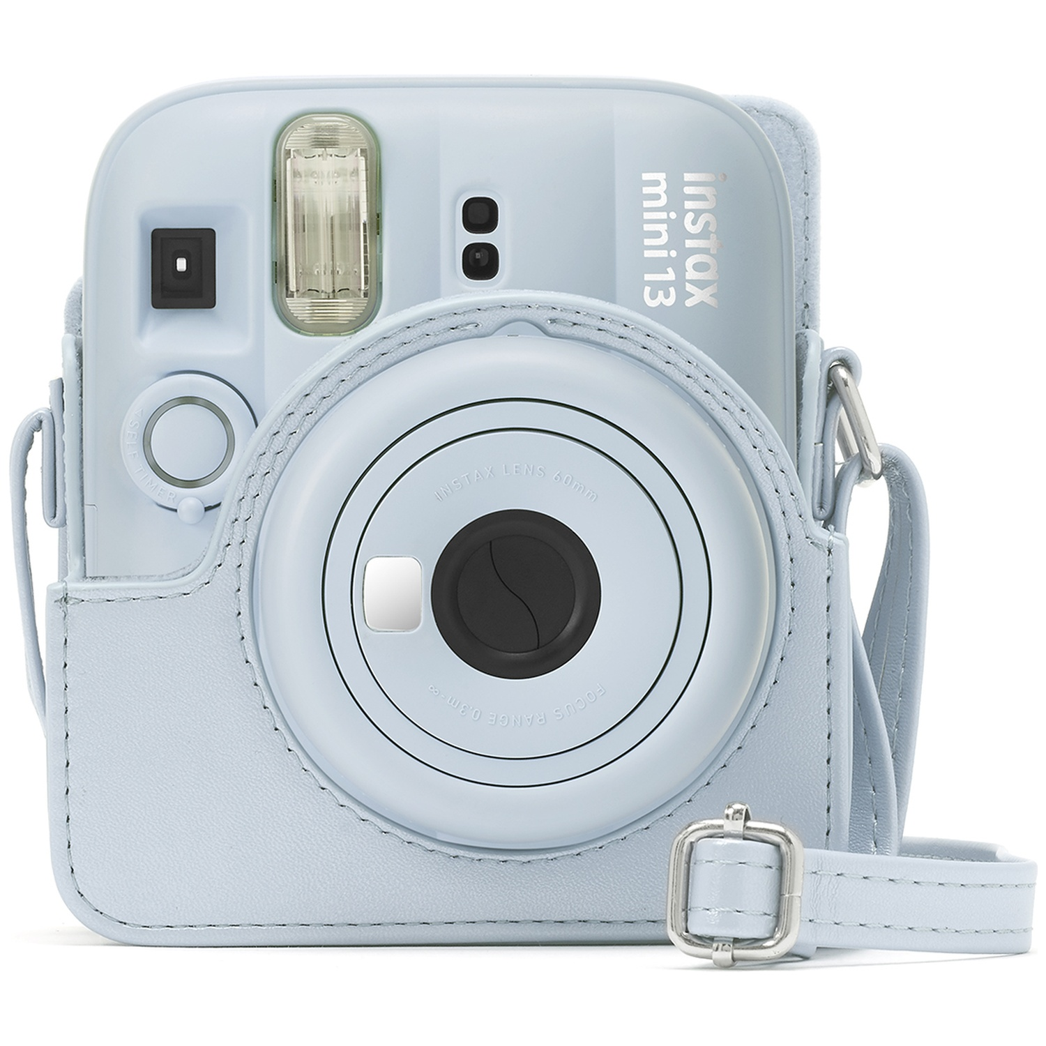 Light blue Instax Mini 13 camera with matching case and strap.