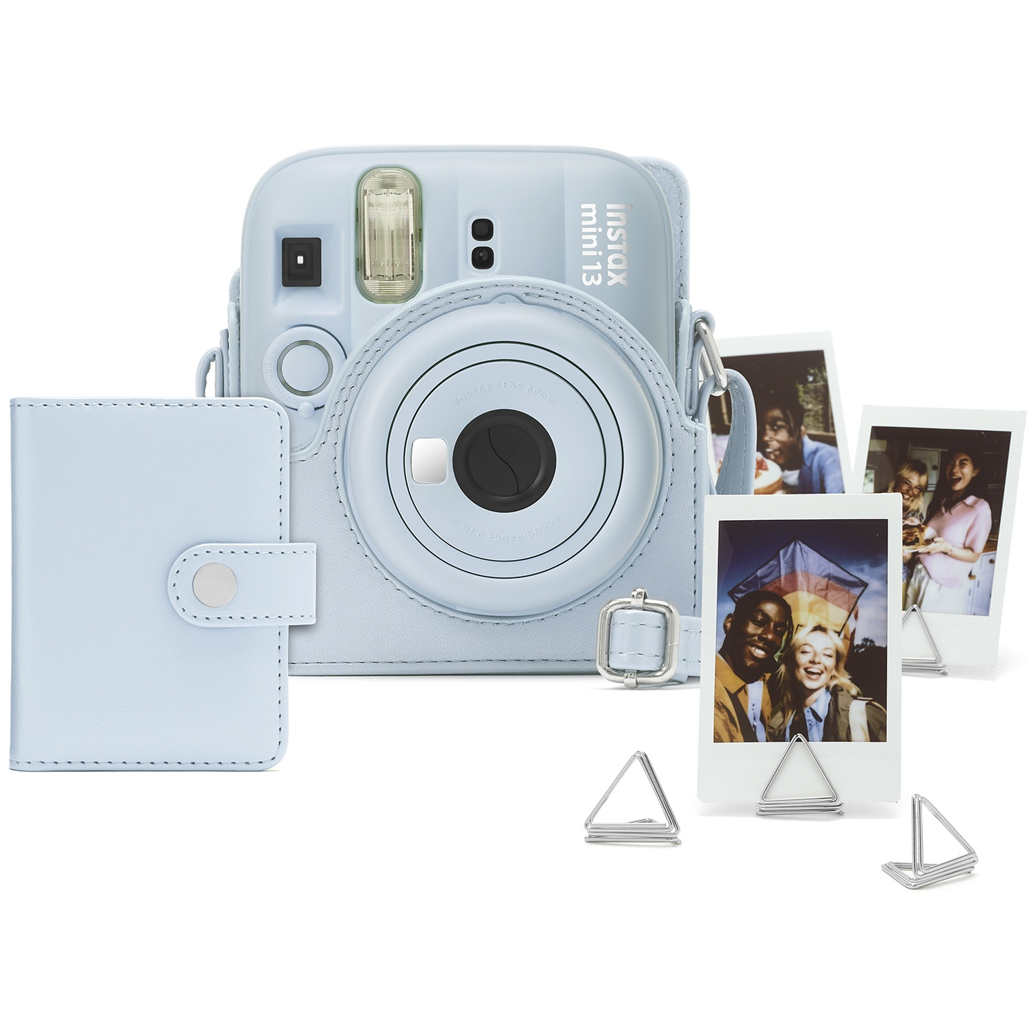 Light blue Instax mini 13 camera with case and photos.