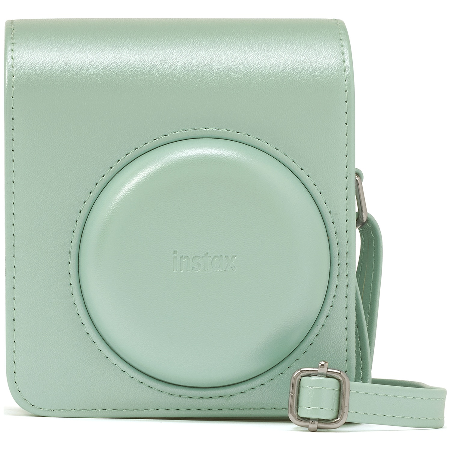 A light green camera bag with a round front and 'instax' embossed on it.