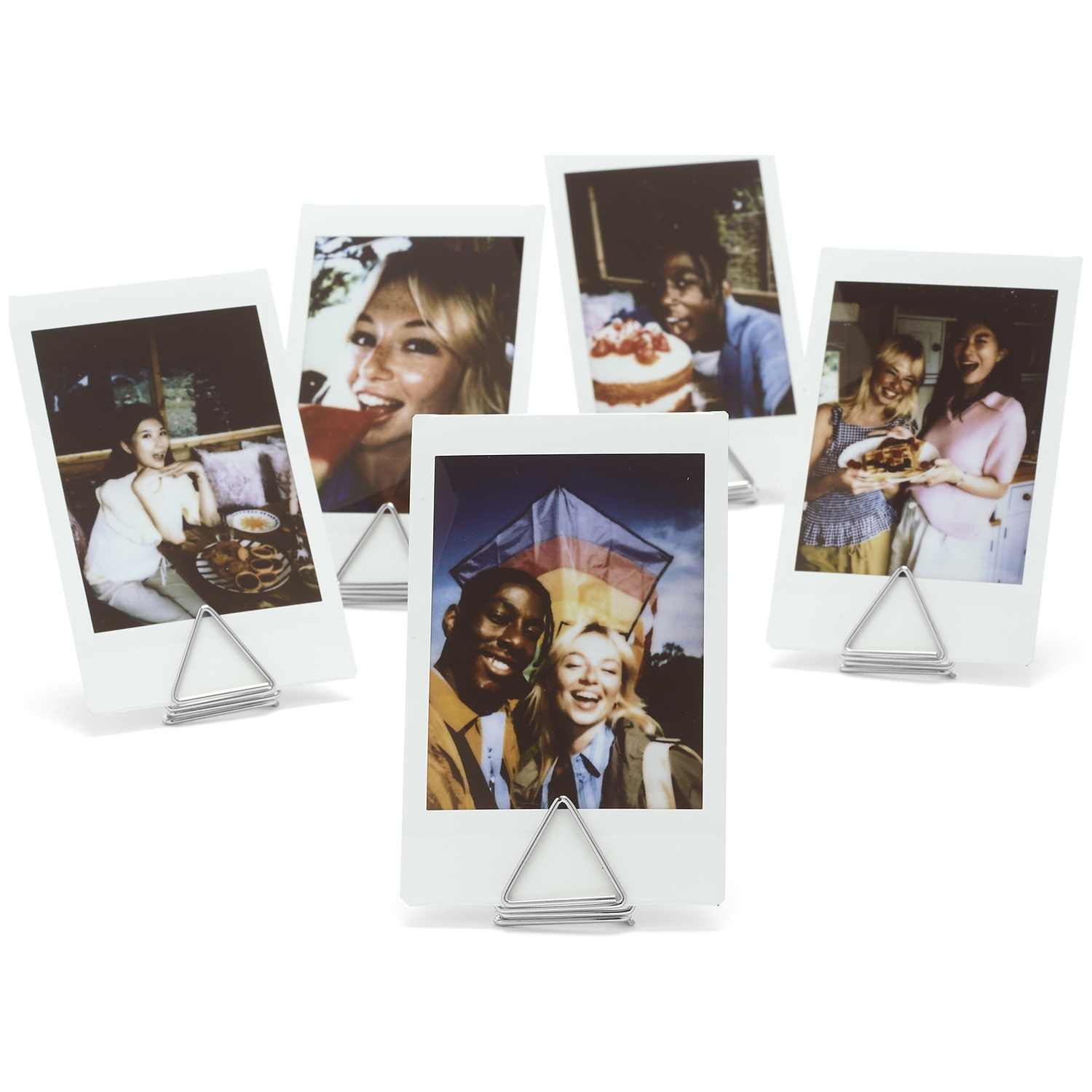 Five Polaroid photos of friends having fun and sharing food.