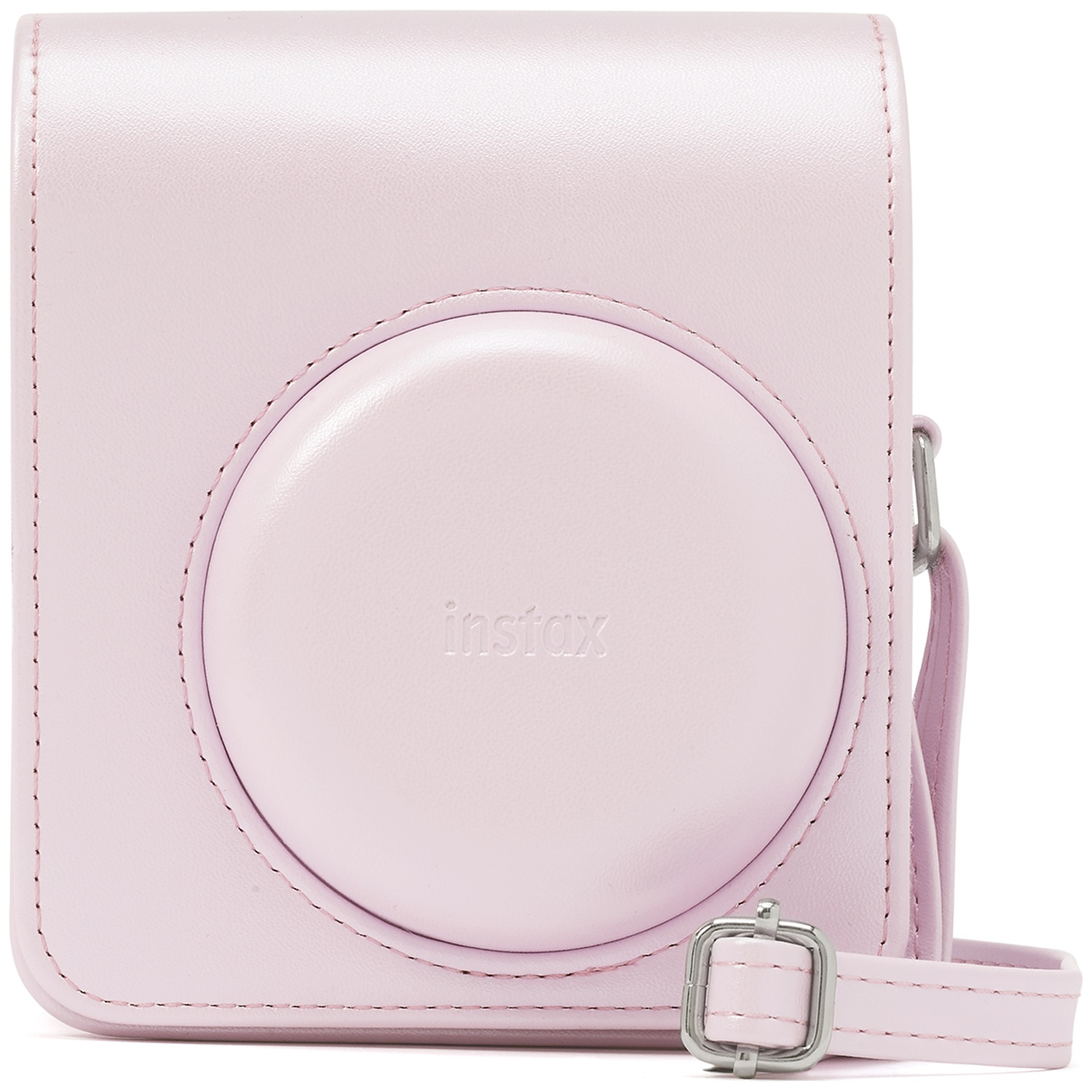 A light pink leather camera case with a strap and silver buckle.