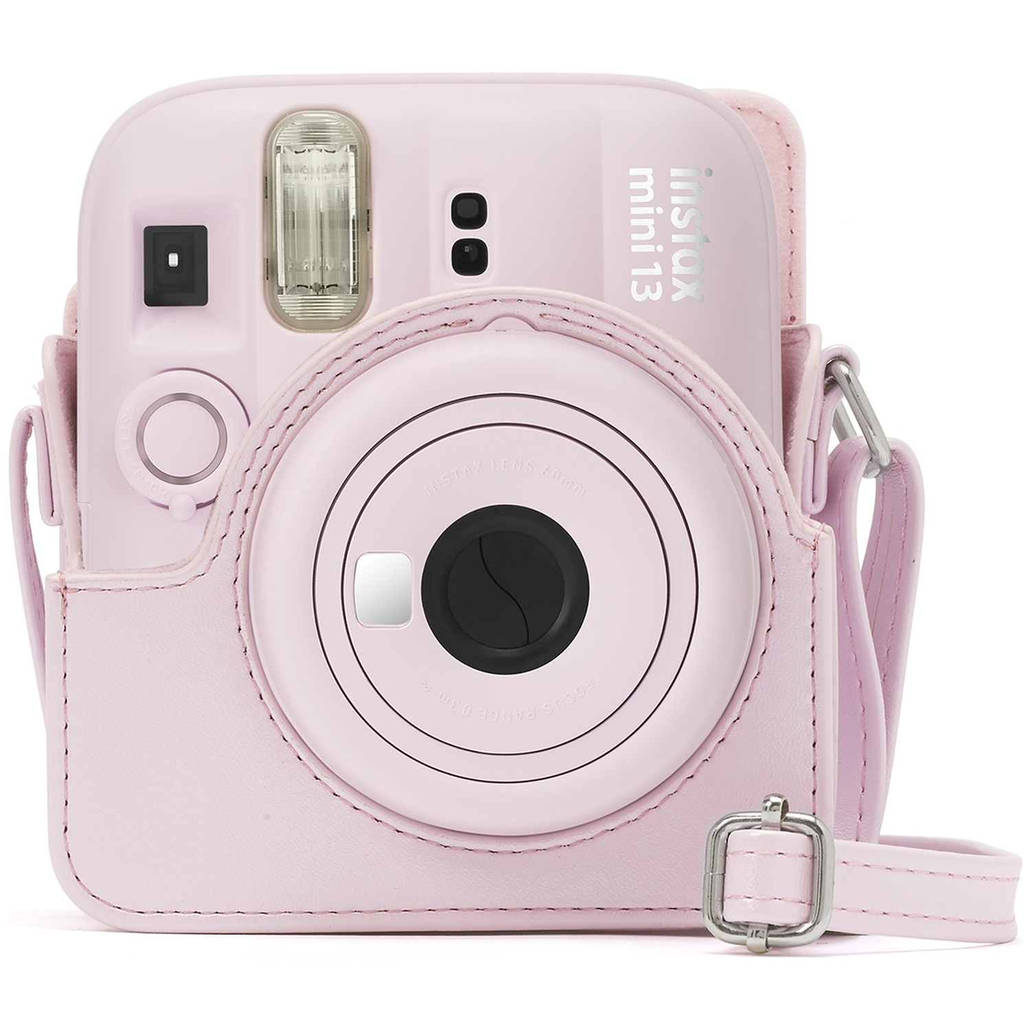 A pink Instax Mini 13 camera in a matching case with a strap.