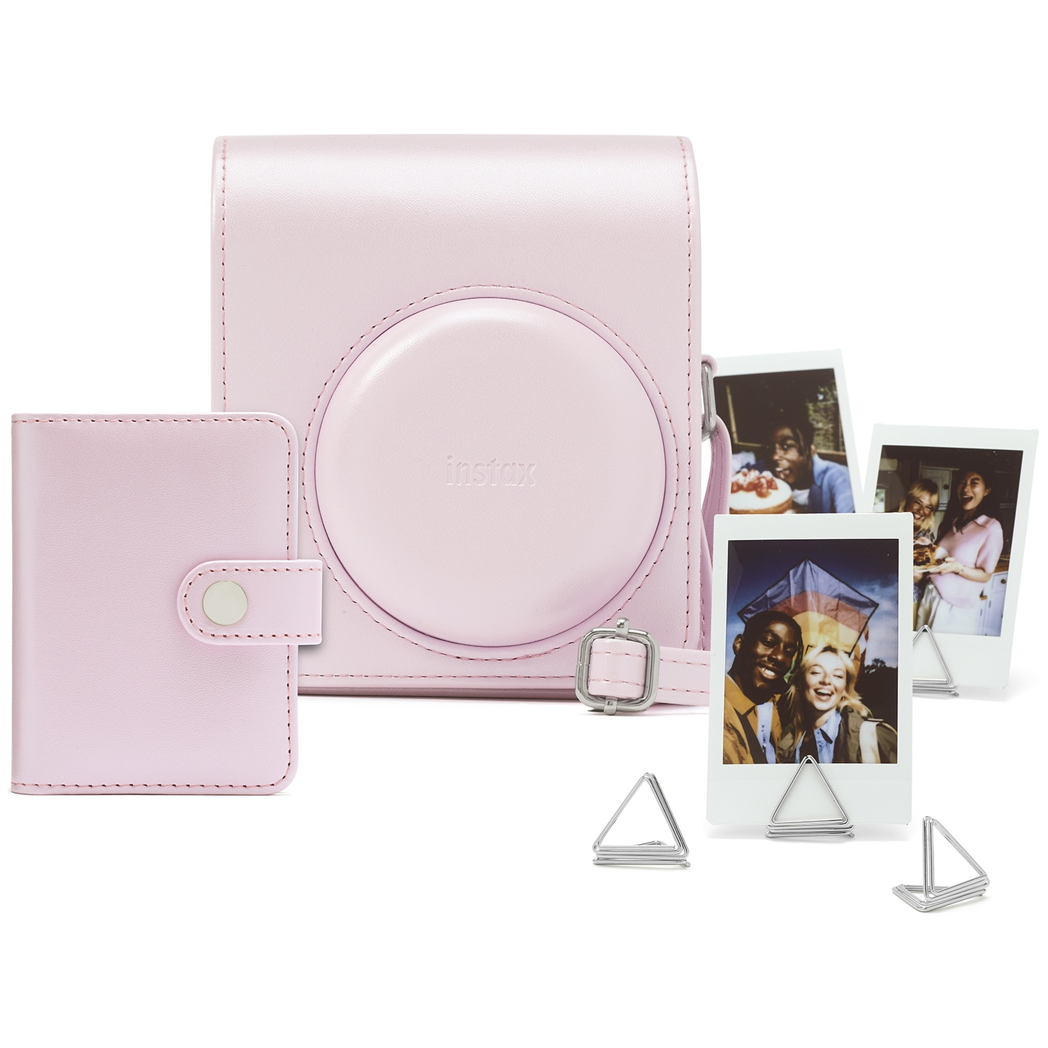 A pink Instax camera bag with photo stands and pictures of people.