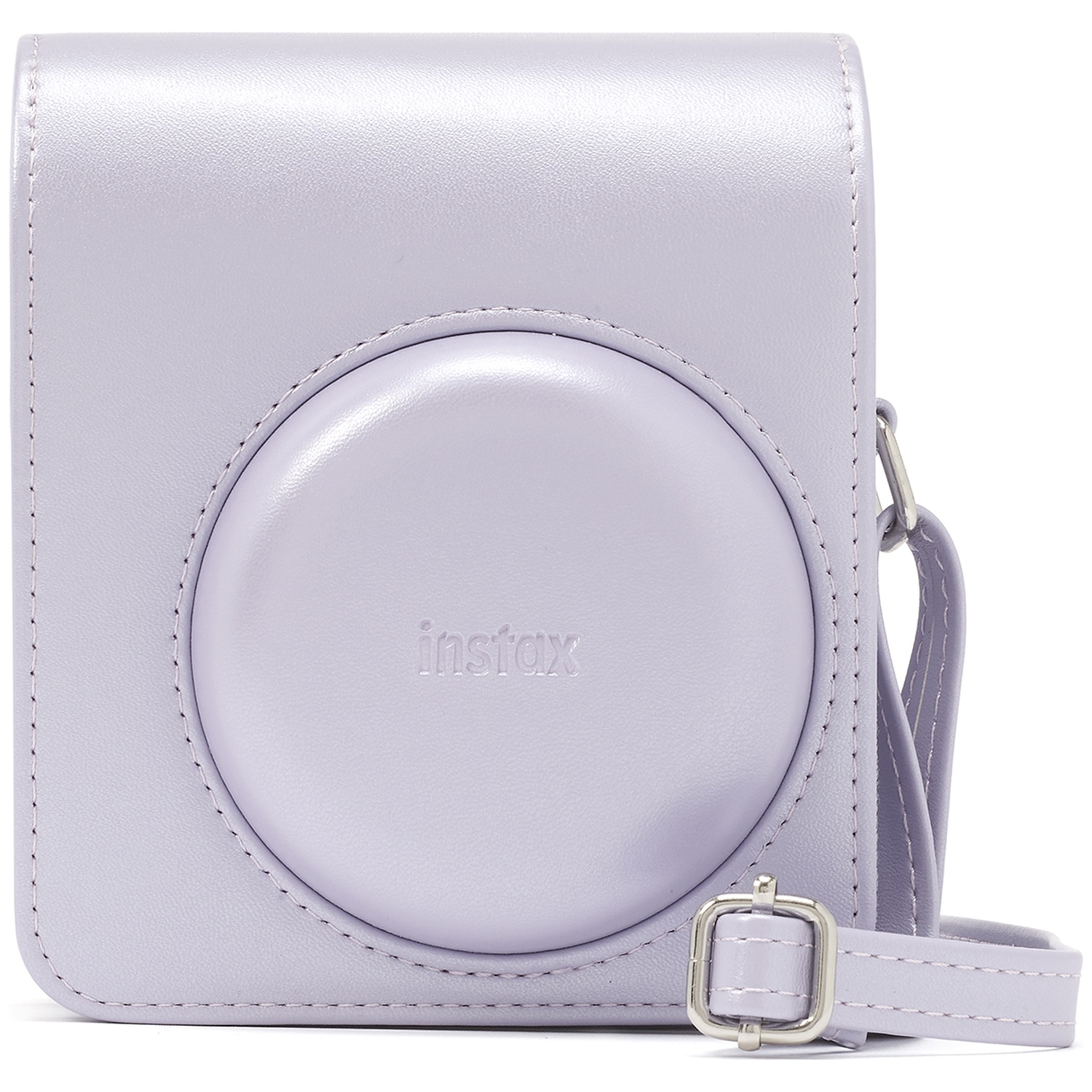 Lavender Instax camera case with a circular lens cutout and strap.