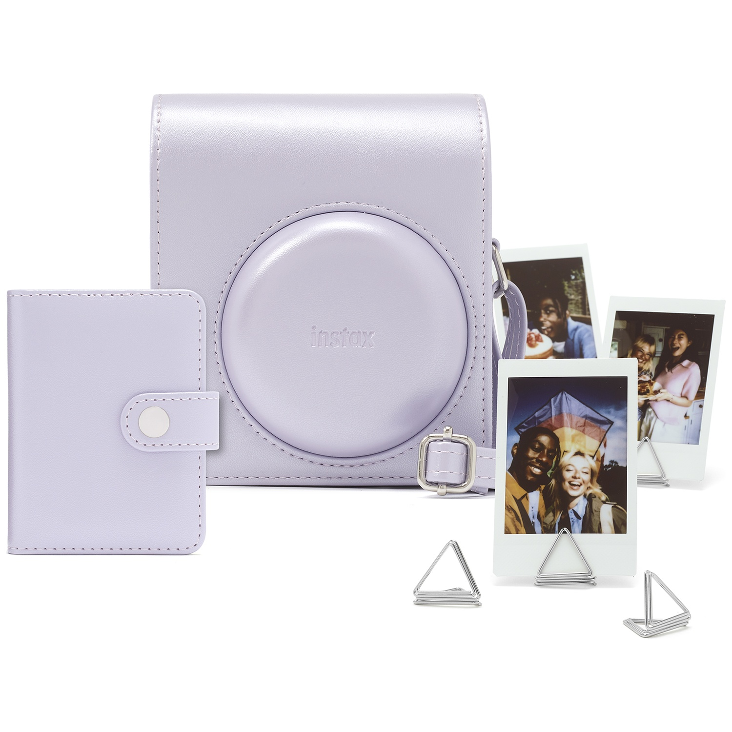 Lavender Instax camera case with a small album and three photos in holders.