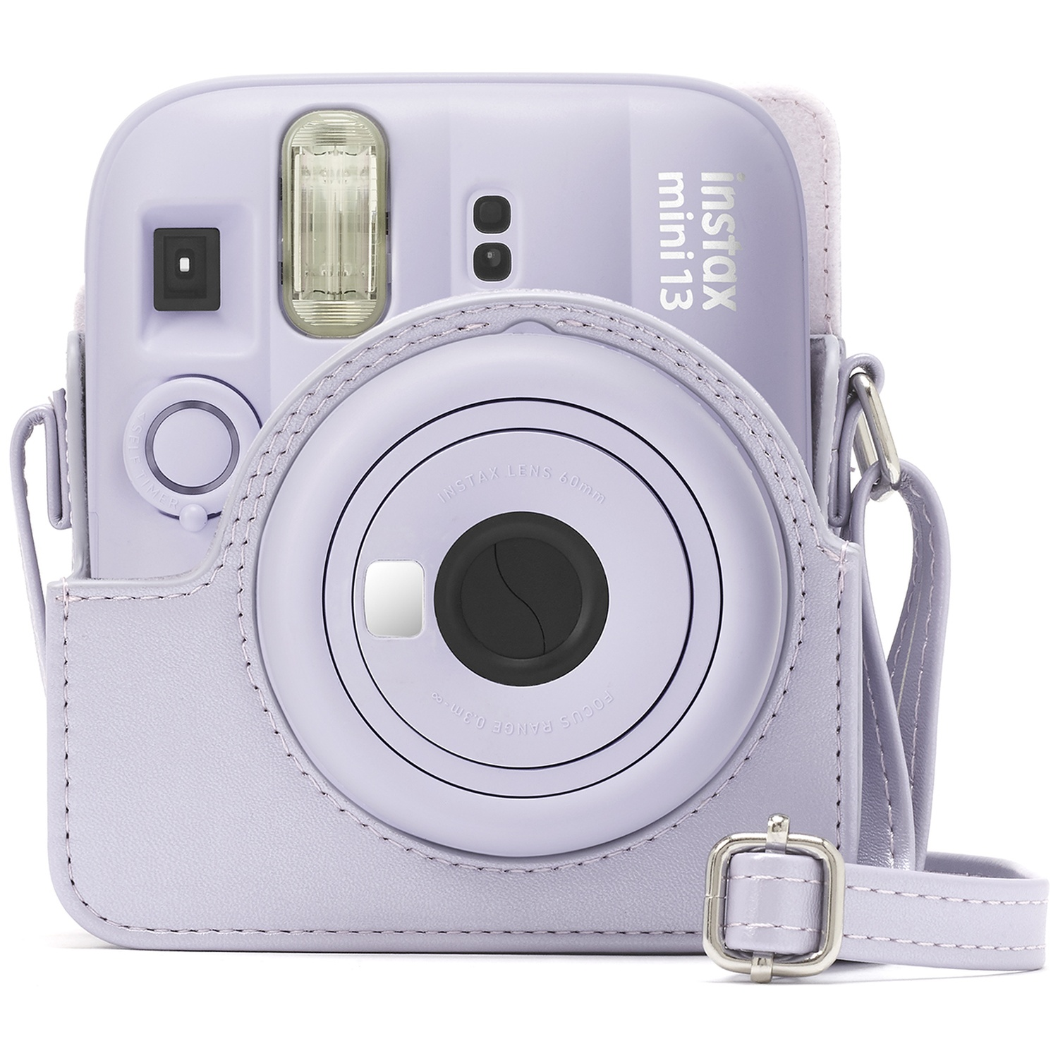 A lavender instant camera in a matching case with a strap.