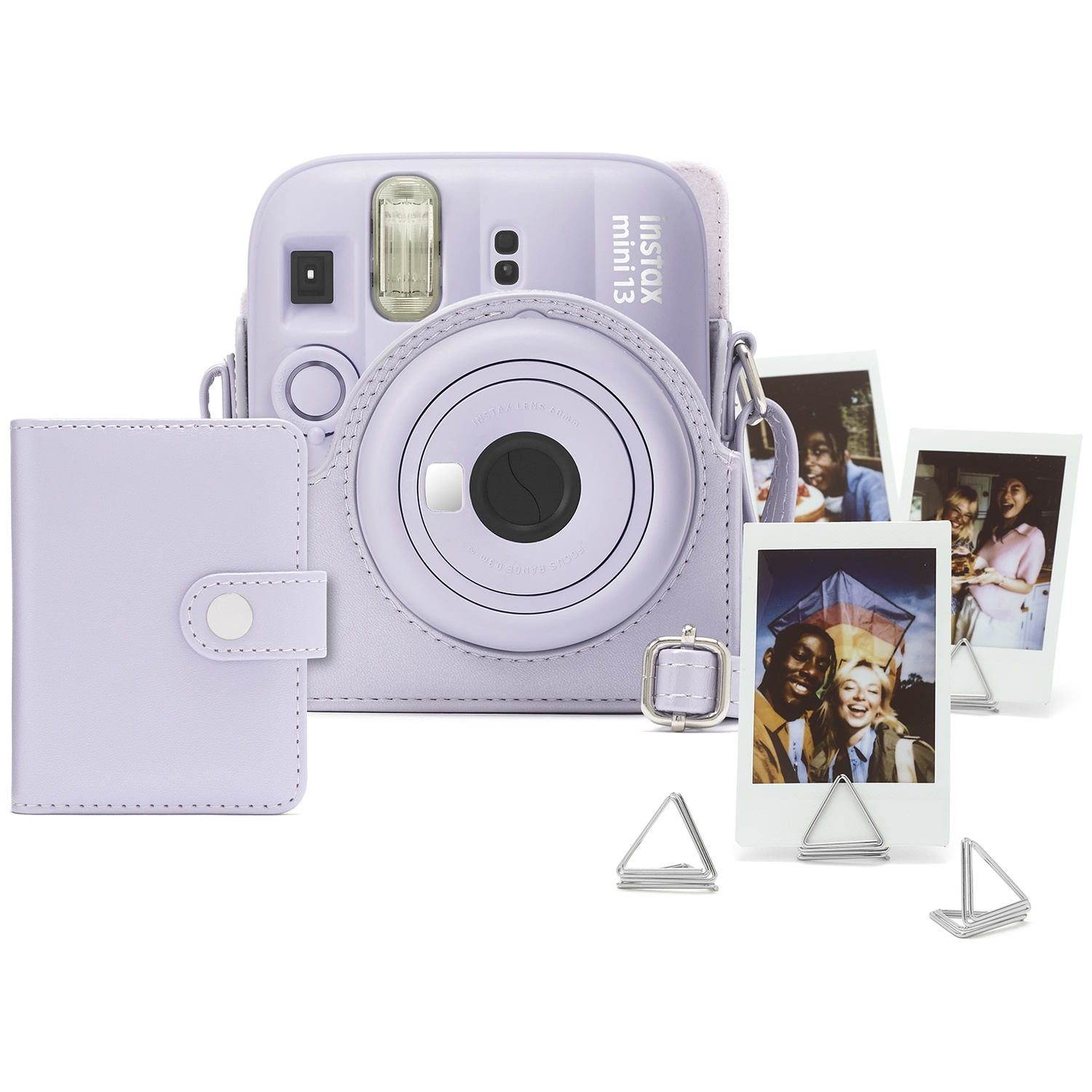 Lavender Instax Mini 13 camera with case, album, and photos on stands.